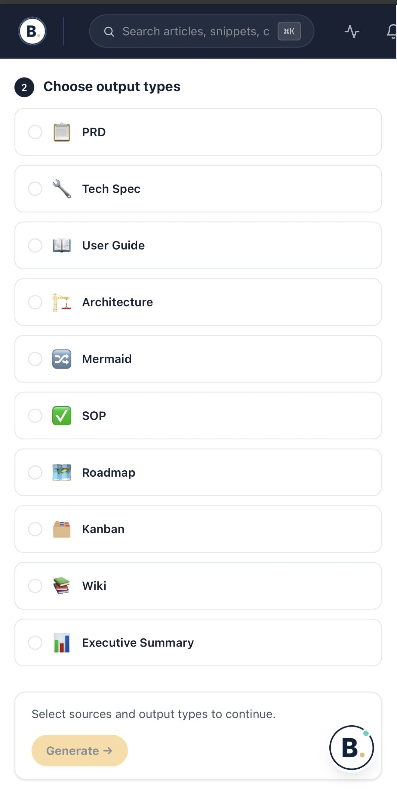 Screenshot of a software interface with options to choose output types such as PRD, Tech Spec, User Guide, Architecture, Mermaid, SOP, Roadmap, Kanban, Wiki, and Executive Summary, with a yellow 'Generate' button at the bottom.