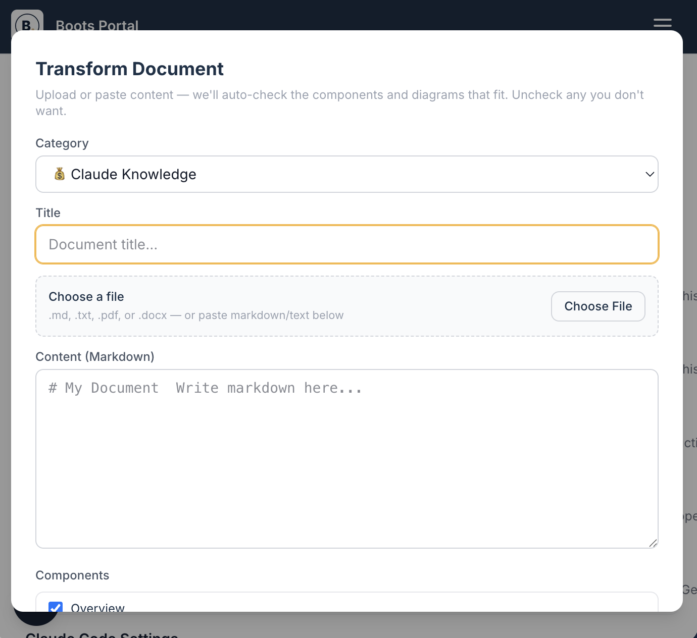 Screenshot of a webpage titled 'Transform Document,' featuring a form with options to input category, title, choose a file, and input markdown content.
