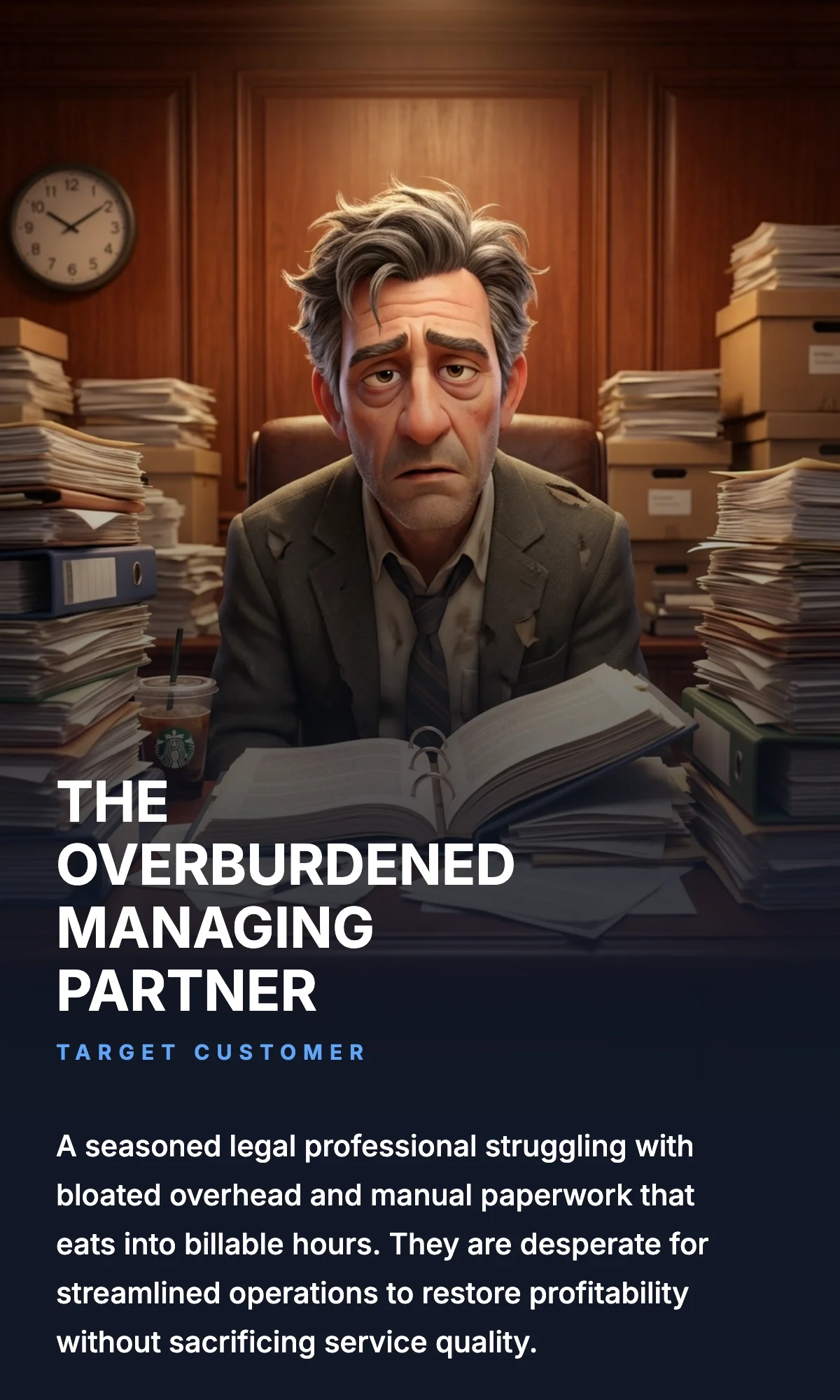 An exhausted man in a cluttered office surrounded by stacks of files and papers, with a clock showing 2:55.