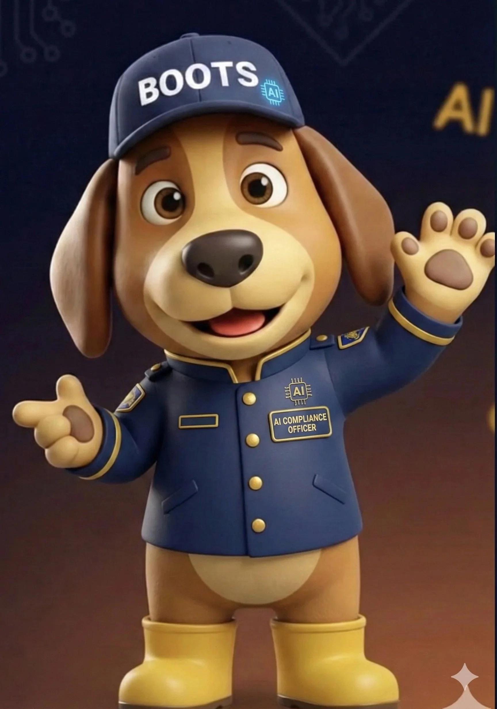 Institutional Memory Engine visual that represents AI compliance as a service and solution offering powered by Boots On The Ground AI.  'AI Compliance Officer,' wearing a police uniform, hat, and yellow boots, waving and smiling.