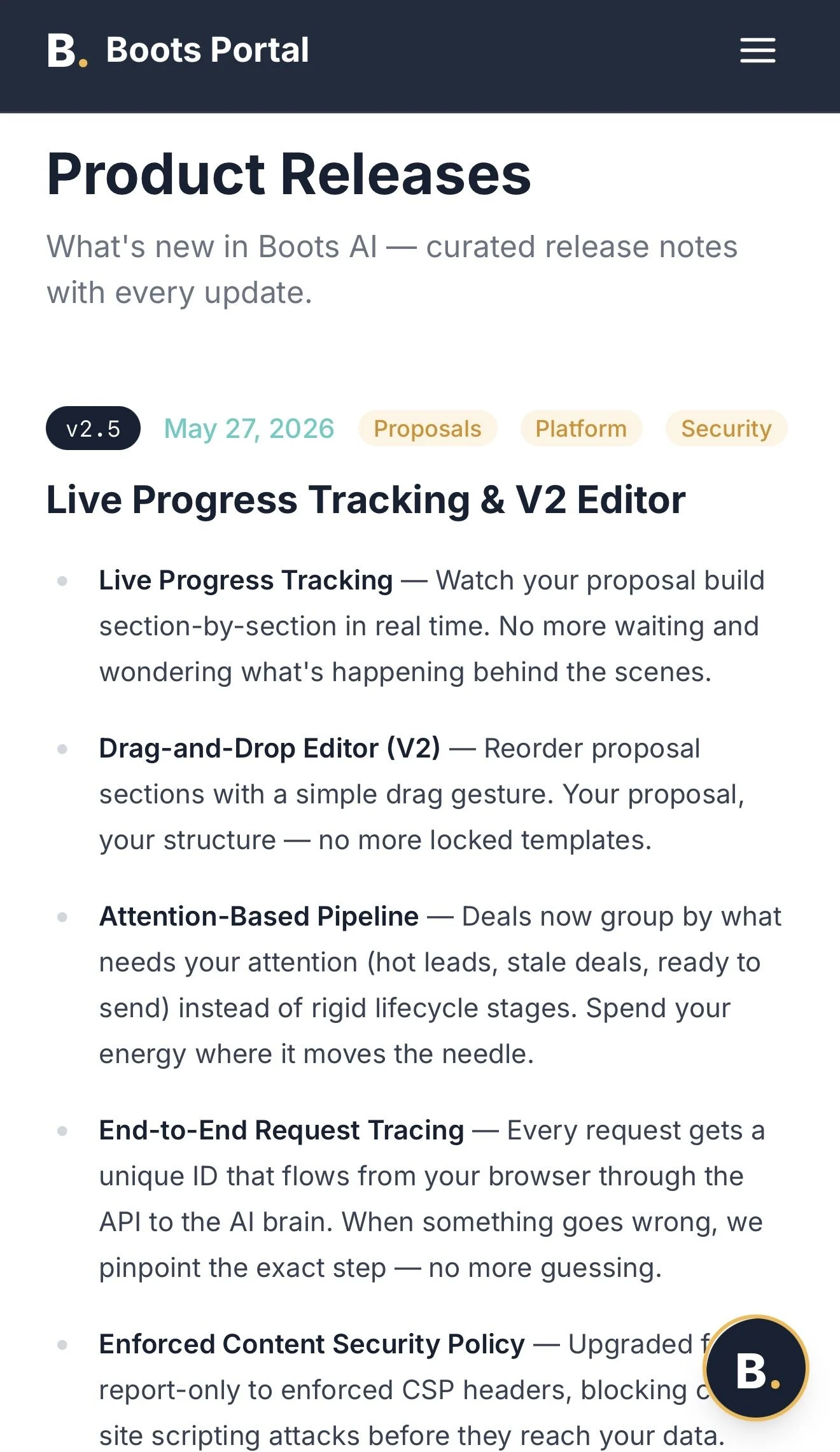 Screenshot of Boots Portal product release notes webpage, detailing new features like live progress tracking, drag-and-drop editor, and security updates.