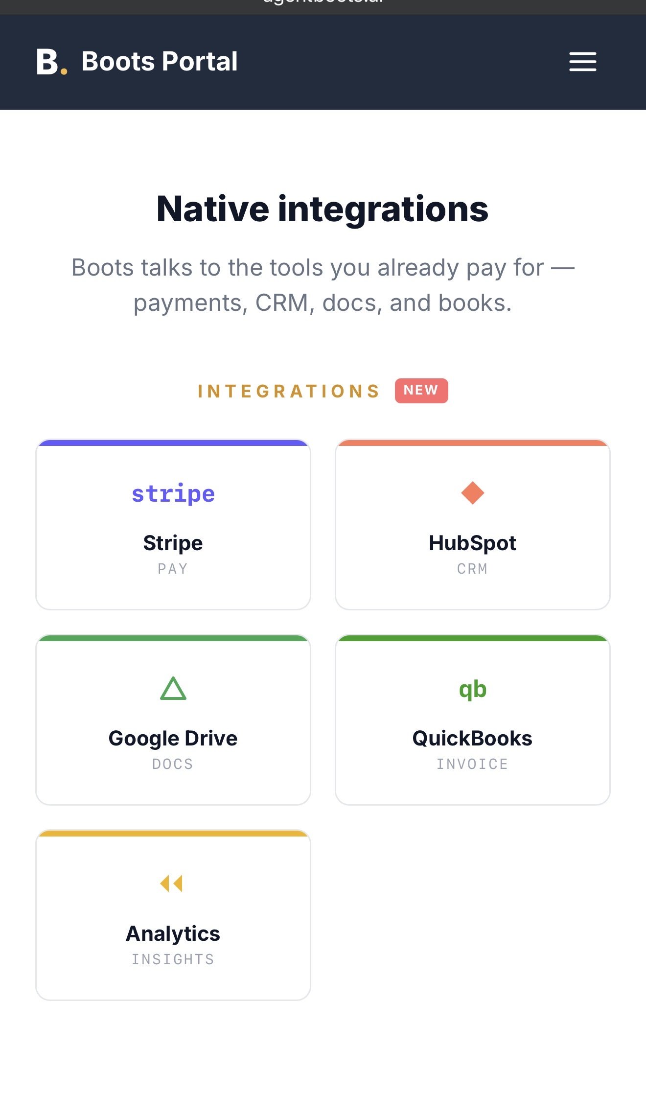 Screenshot of a mobile app interface titled 'Boots Portal' with various software integrations such as Stripe, HubSpot, Google Drive, and QuickBooks displayed as tiles.
