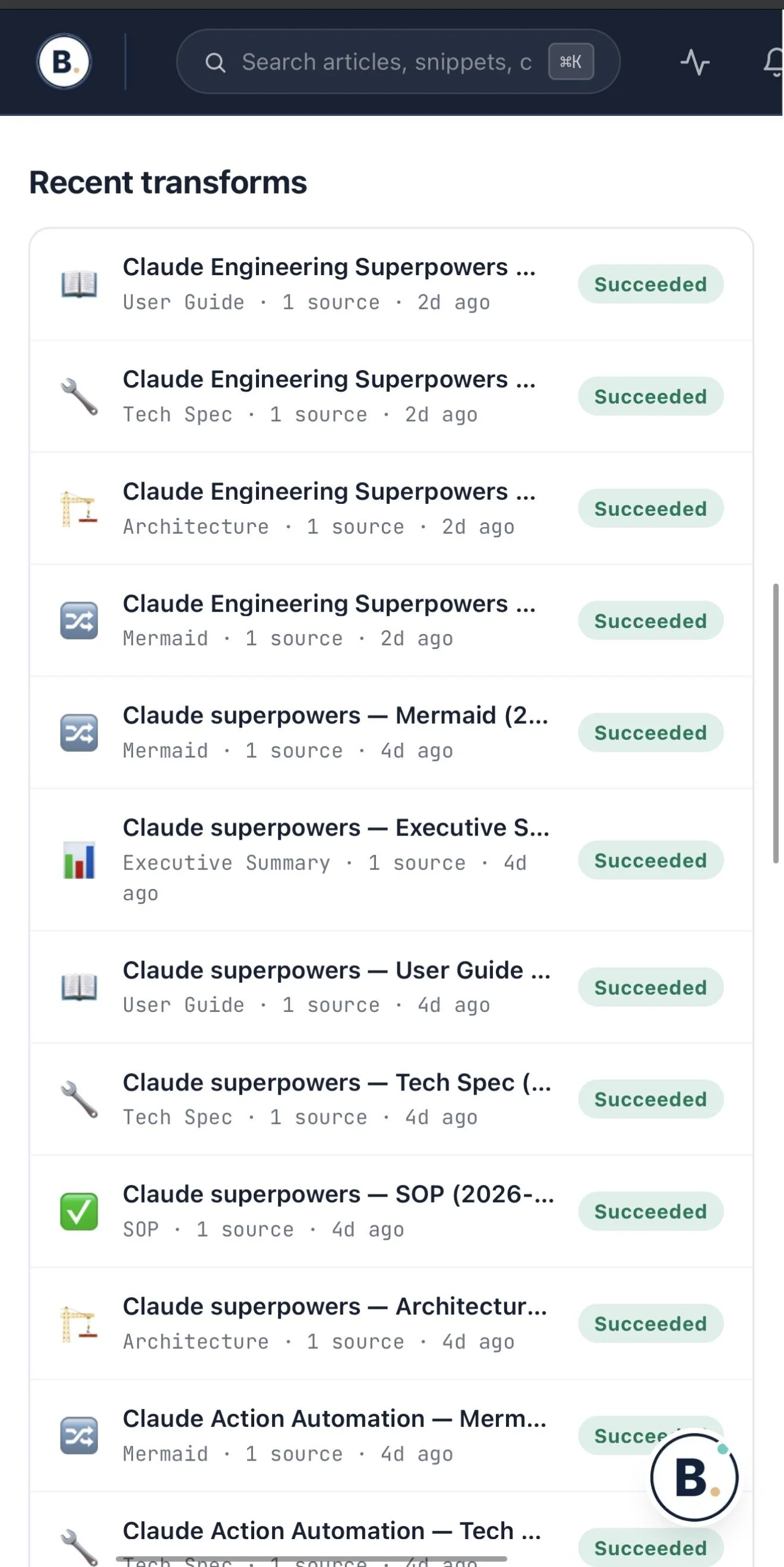Screenshot of a software interface showing recent document transformations related to 'Claude Engineering Superpowers,' with labels indicating each task has succeeded.