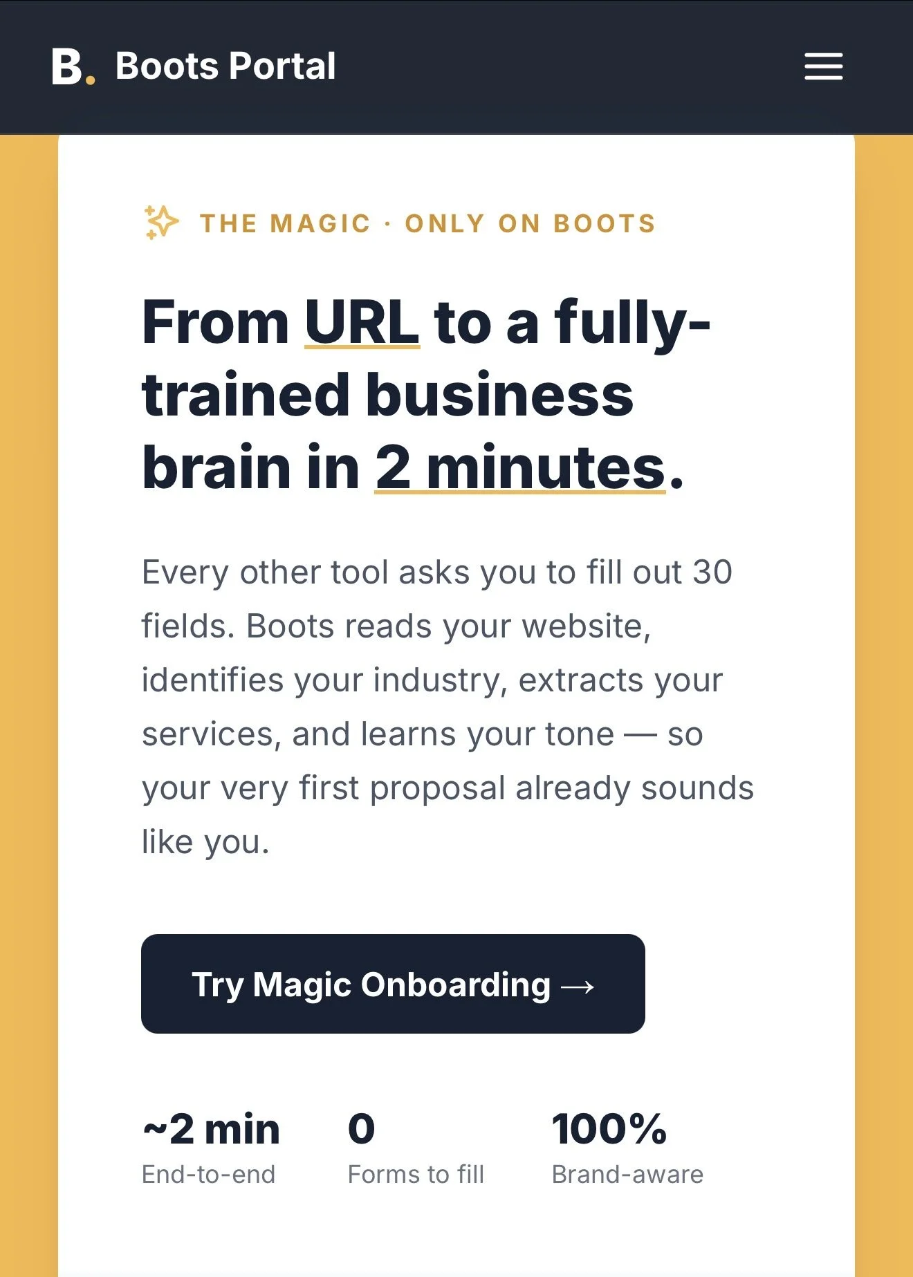 Screenshot of a webpage titled 'Boots Portal' with text promoting a tool that converts URL into a trained business brain in 2 minutes, with a section describing features and a button labeled 'Try Magic Onboarding'.