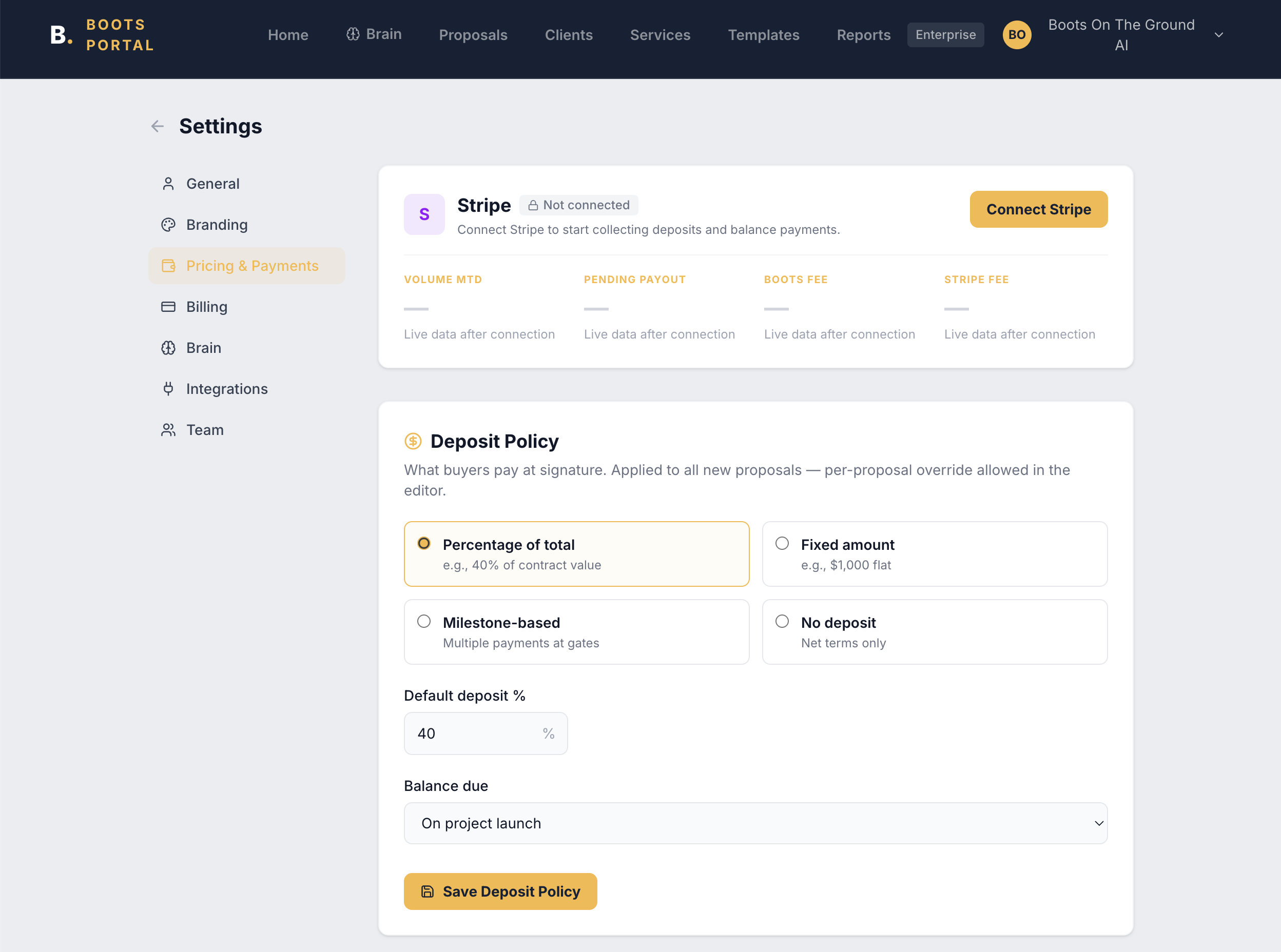 Screenshot of a website's settings page for managing payments and deposits, showing options for connecting Stripe, setting deposit policies, percentages, and balance due details.