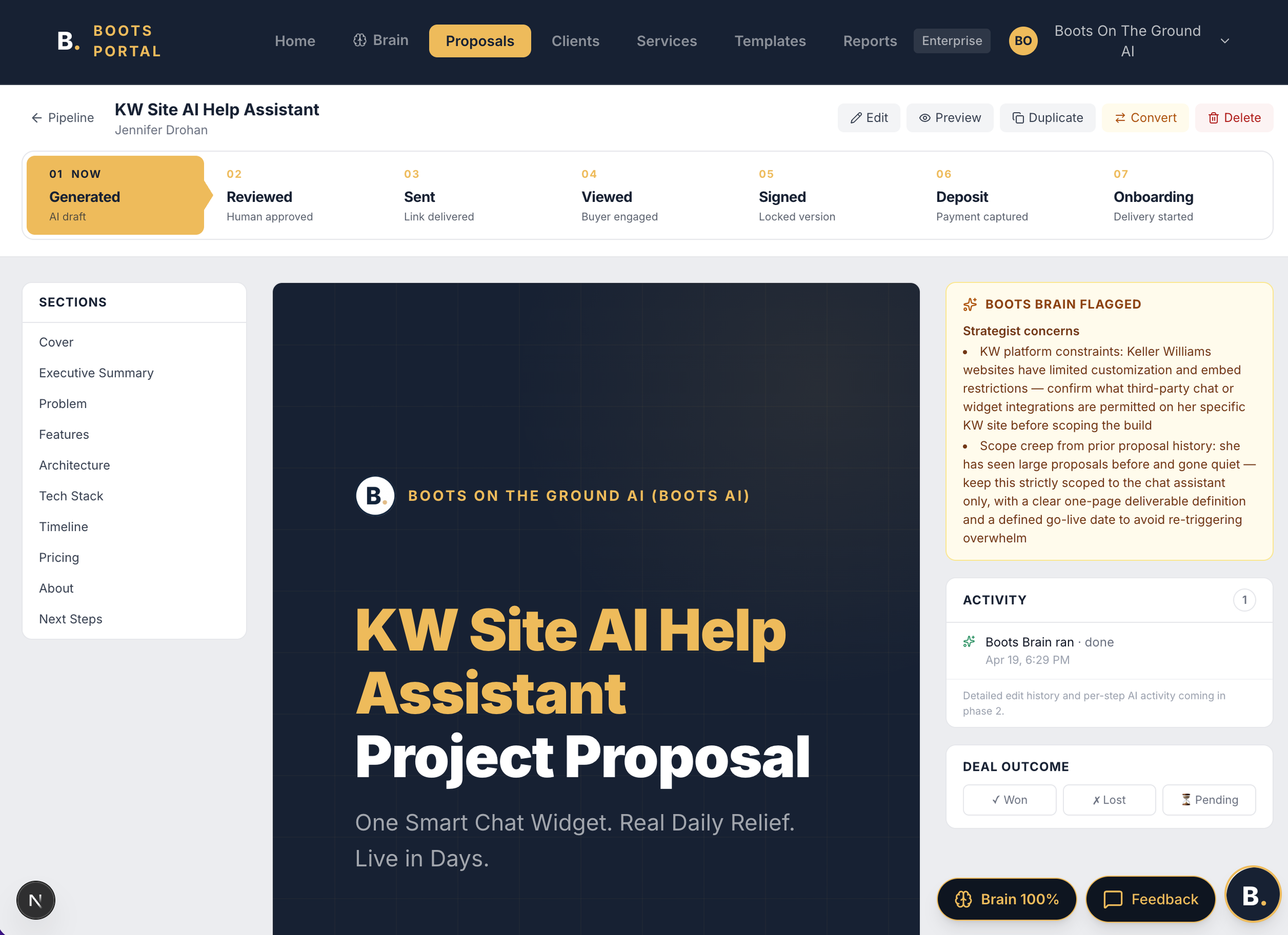 Screenshot of a web application titled 'KW Site AI Help Assistant.' The interface shows project proposal stages from generated to onboarding, with options to edit, preview, duplicate, convert, or delete. The left side menu lists sections such as Cove