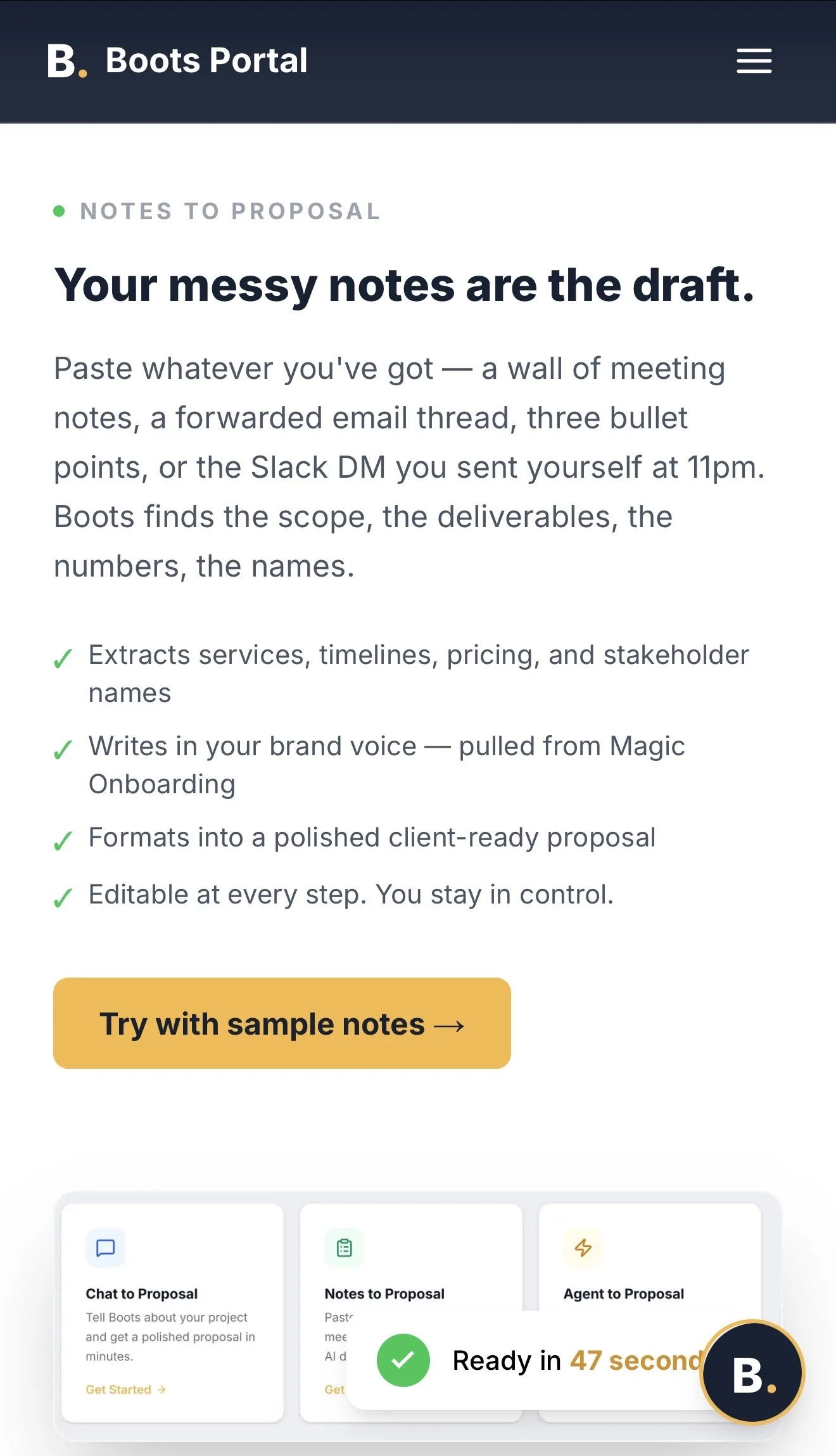 Screenshot of a mobile website titled 'Boots Portal' with sections for proposal notes and proposal tools, and a yellow button labeled 'Try with sample notes.'