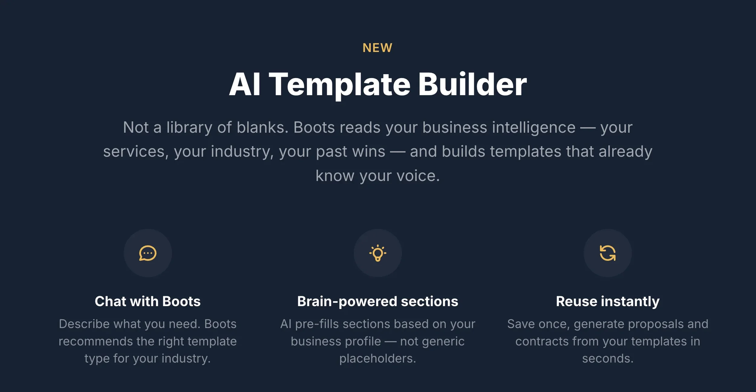 Screenshot of a website promoting an AI template builder with a dark background and white text. It highlights features like chat with bots, brain-powered sections, and instant reuse of templates.