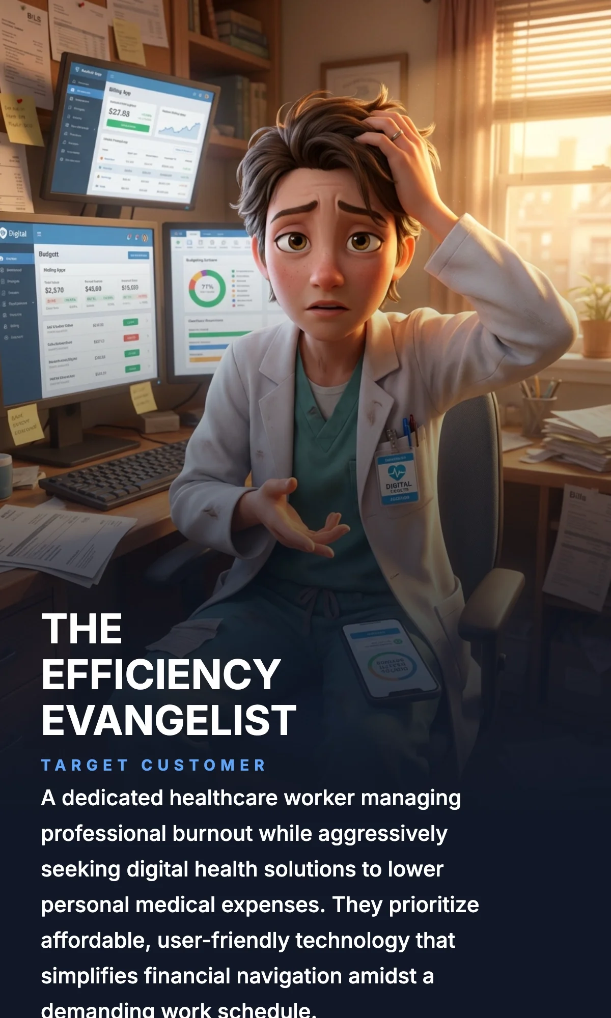 A healthcare worker in a cluttered office, visibly stressed, holding their head with one hand and looking worried. Multiple computer monitors display financial data and digital health solutions. The text on the image describes the healthcare worker as an efficiency evangelist targeting customers seeking digital health solutions to manage medical expenses.