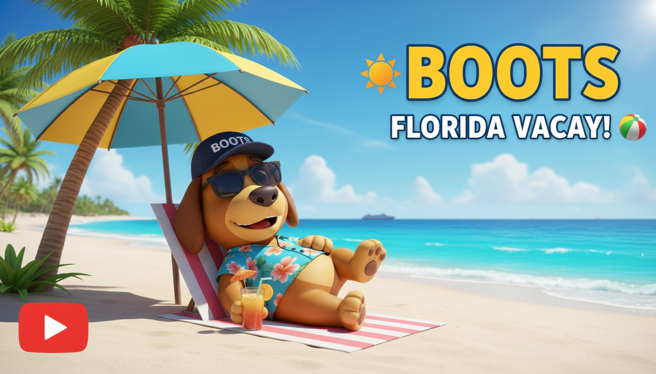 Animated dog character relaxing on a beach chair under an umbrella on a sunny beach, wearing sunglasses, a cap that says 'BOOTS', a Hawaiian shirt, and holding a tropical drink, with palm trees and the ocean in the background.