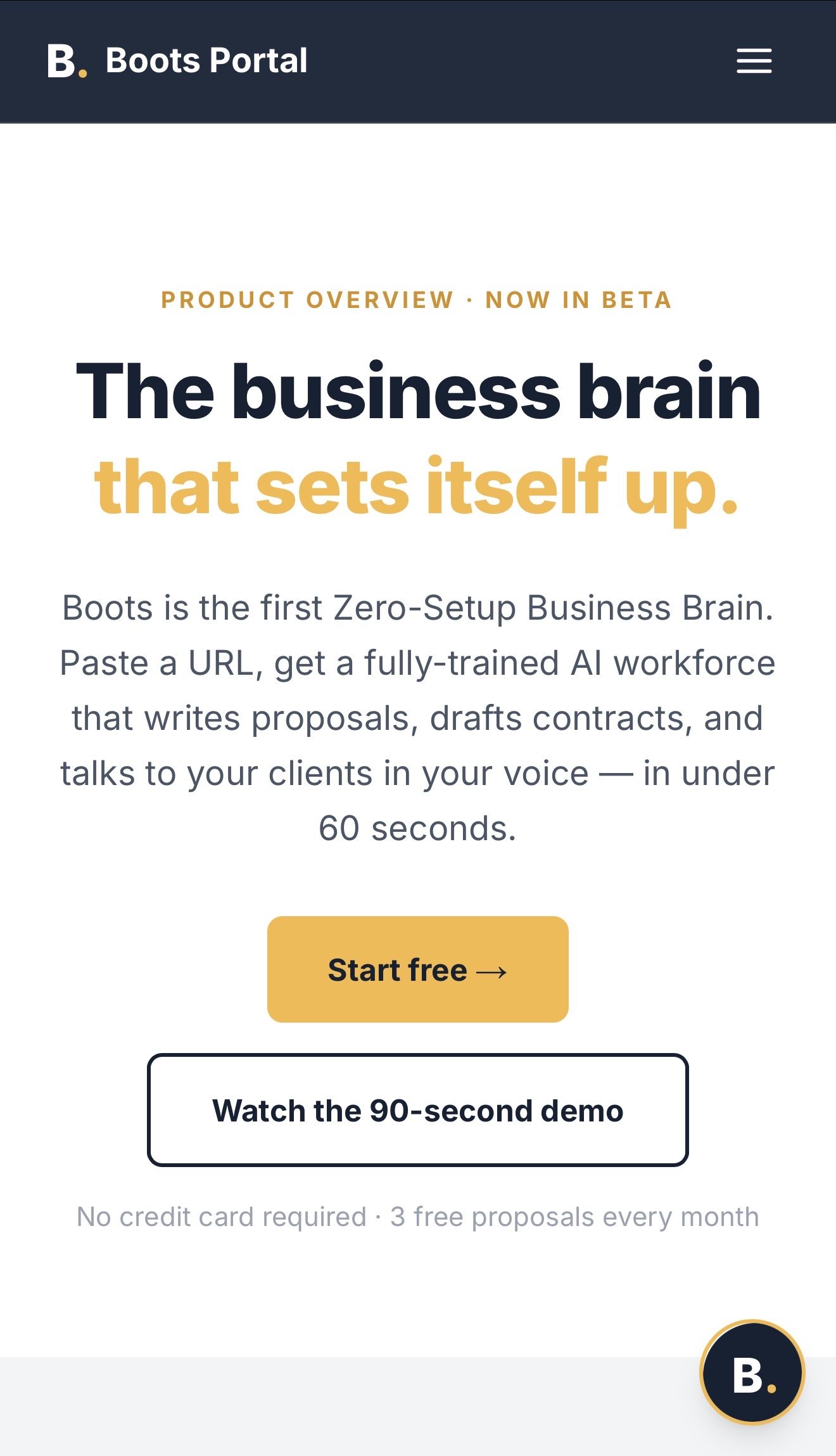 Screenshot of Boots Portal website showing product overview for a business AI tool called Boots, with a headline indicating it's in beta, and options to start free or watch a 90-second demo.