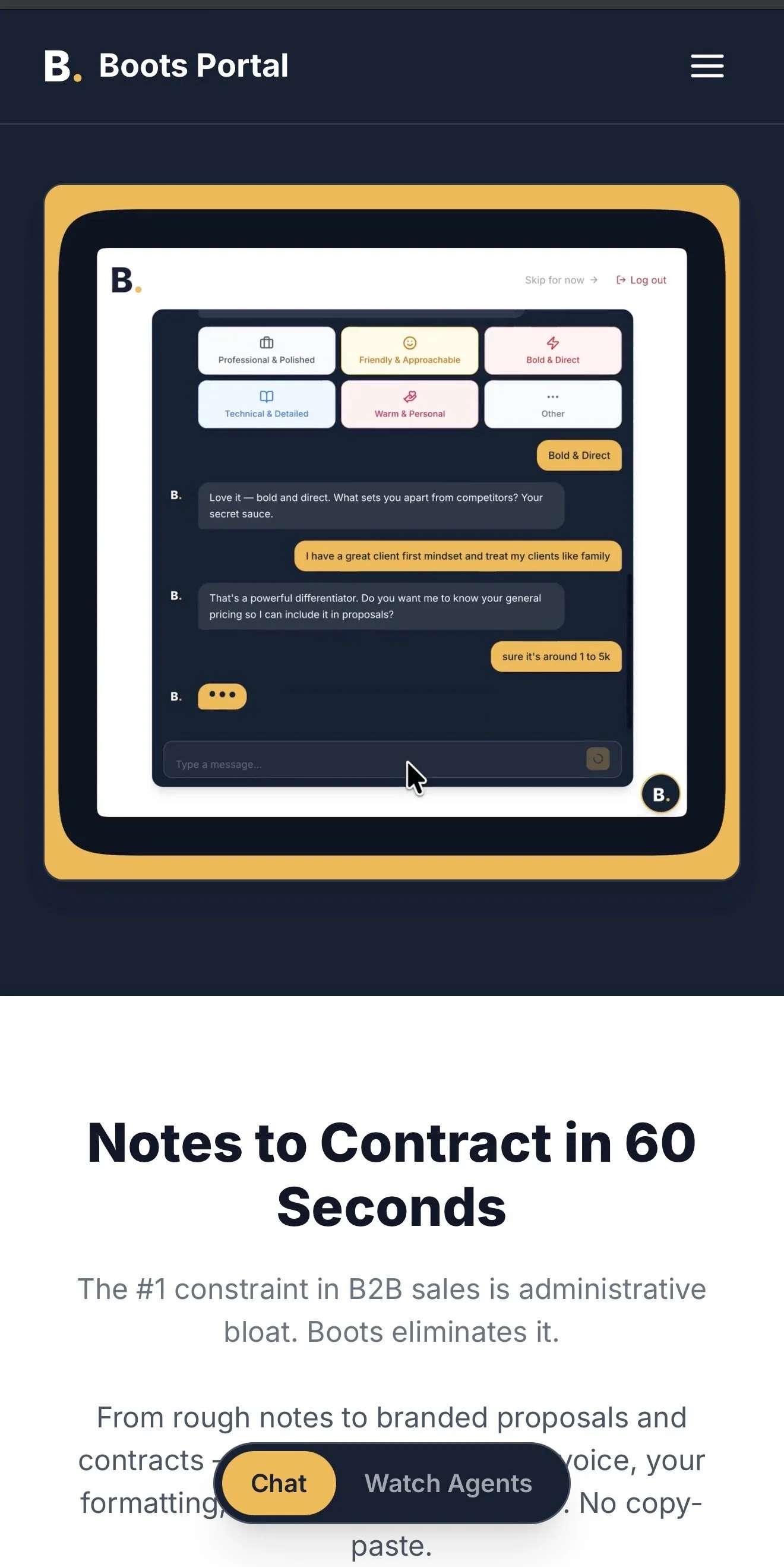 Screenshot of Boots Portal website showing a chat interface with a conversation about pricing, client mindset, and differentiators, with categories labeled 'Professional & Polished,' 'Friendly & Approachable,' 'Bold & Direct,' 'Technical & Detailed,'
