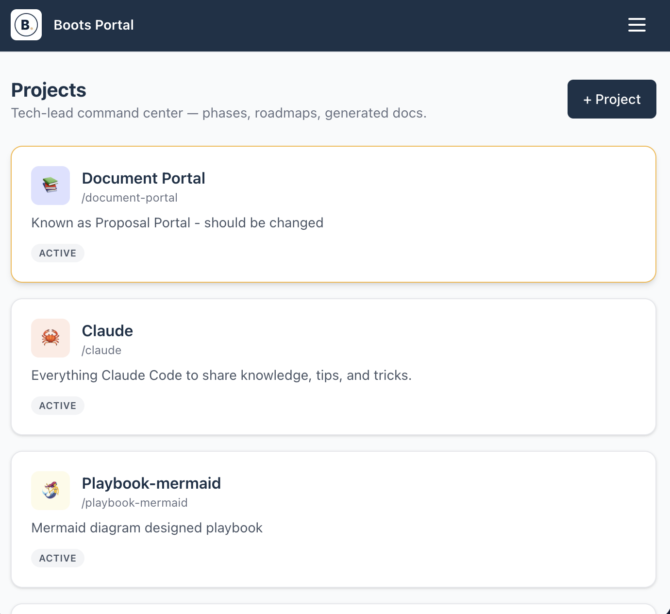 Screenshot of the Boots Portal project management dashboard showing project titles and descriptions, including Document Portal, Claude, and Playbook-mermaid.