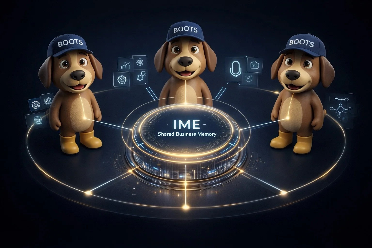 Institutional Memory Engine visual that represents AI agent orchestration as a solution/service powered by Boots On The Ground AI with digital icons and the central text 'IME Shared Business Memory'