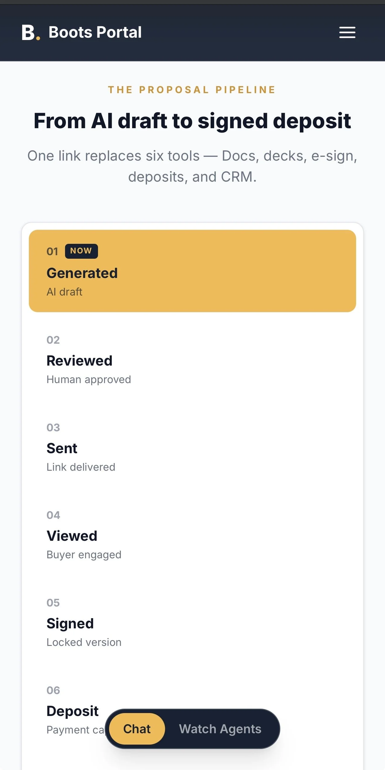 Screenshot of a financial or legal digital platform called Boots Portal, showing a proposal pipeline with steps: Generated, Reviewed, Sent, Viewed, Signed, and Deposit, along with a chat and watch agents button at the bottom.