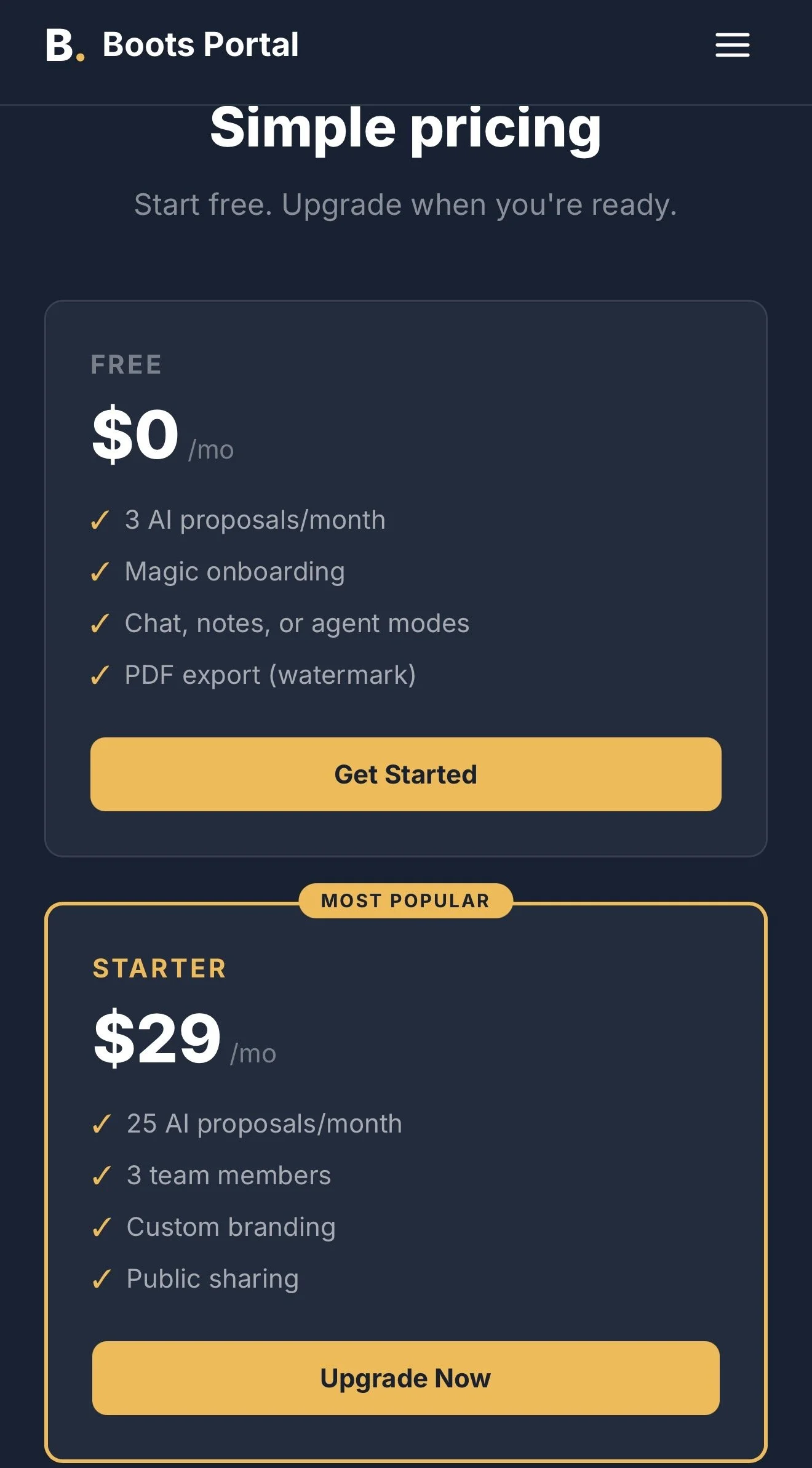 Screenshot of a website page titled 'Boots Portal' showing different pricing plans for AI services. The first plan is free with 3 AI proposals per month. The second plan, labeled 'Starter,' costs $29 per month with 25 AI proposals, team members, cust