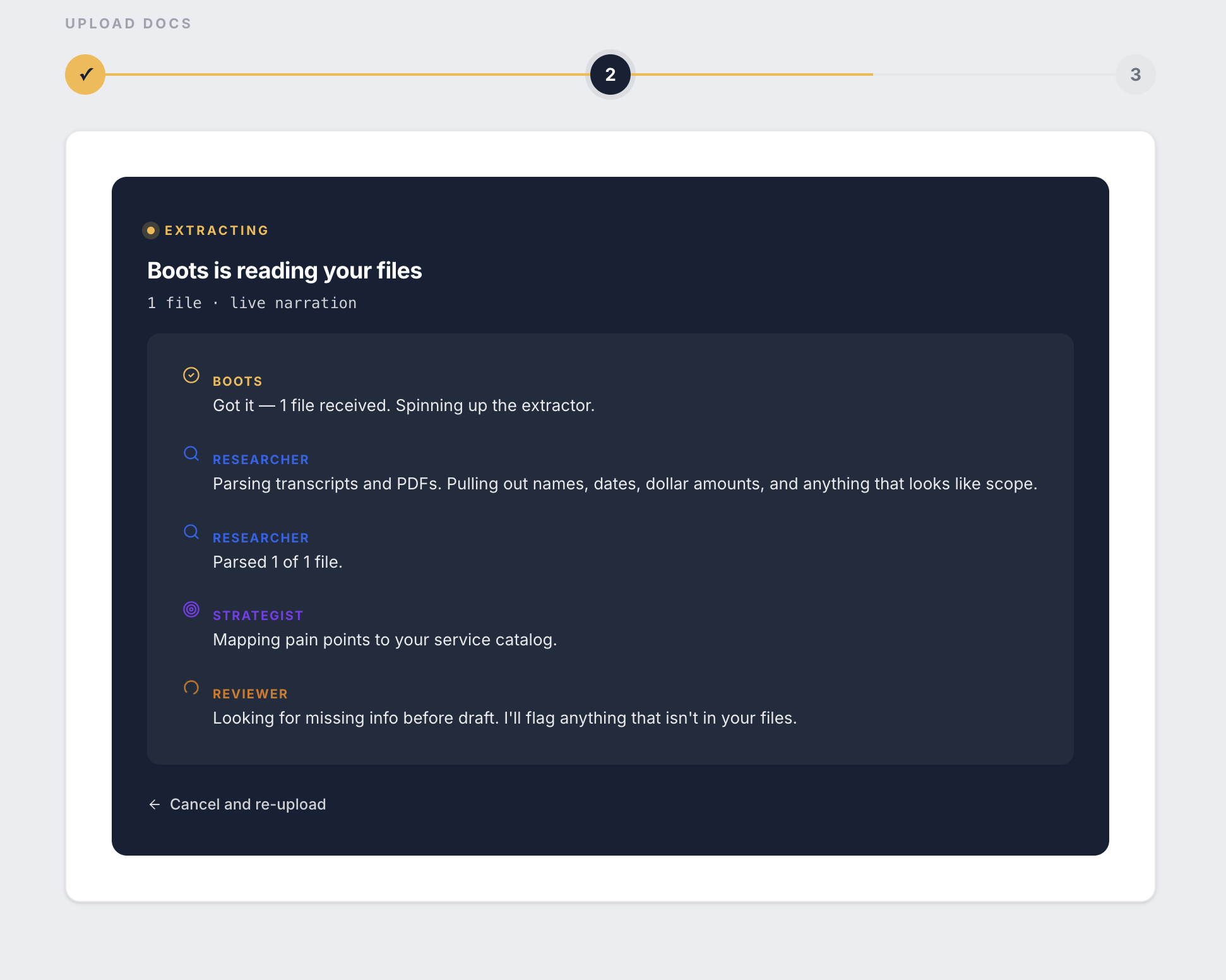 Screenshot of a software interface showing a document upload process with a dark mode design. The page displays the second step of the process, titled 'Boots is reading your files,' with a breakdown of actions including extracting, researcher, strate