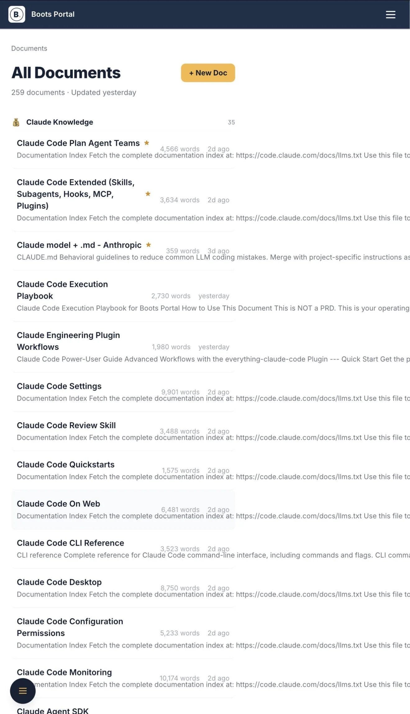 Screenshot of the Boots Portal document management system, showing a list of technical documentation and guides related to Claude Code, including sections on code reviews, workflows, settings, quickstarts, web, CLI, desktop, configuration, permission