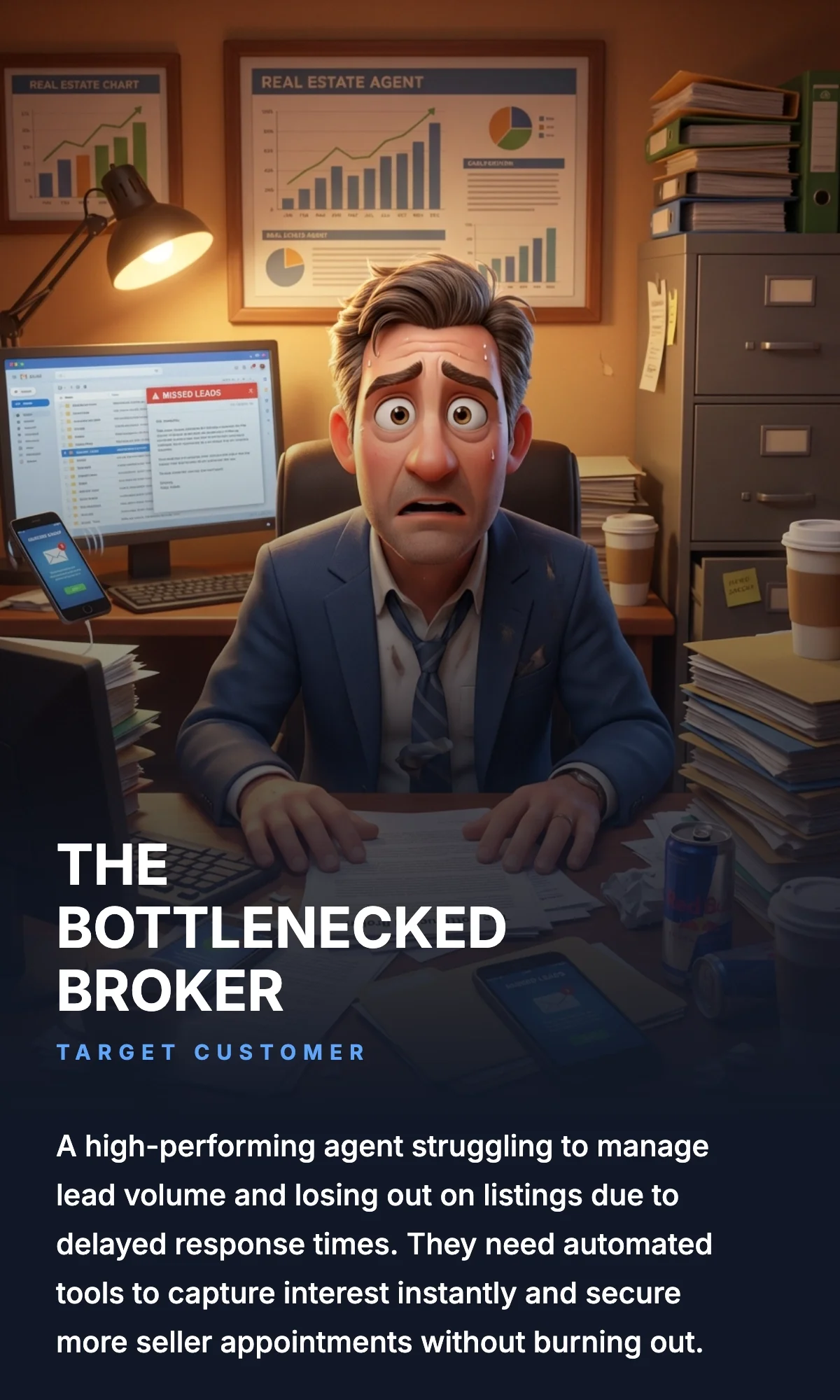 A stressed real estate agent sitting at his cluttered desk, surrounded by paperwork, coffee cups, and electronic devices, with graphs and charts on the wall behind him.
