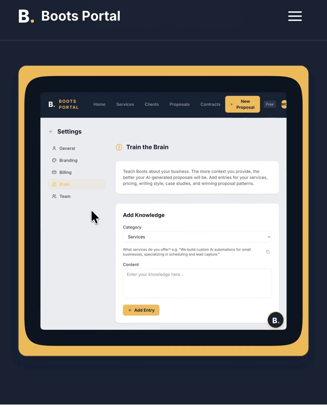 Screenshot of a website titled 'Boots Portal' showing a settings page with a sidebar menu. The sidebar includes options for General, Branding, Billing, Brain, and Team. The main content area displays a section called 'Train the Brain' with instructio