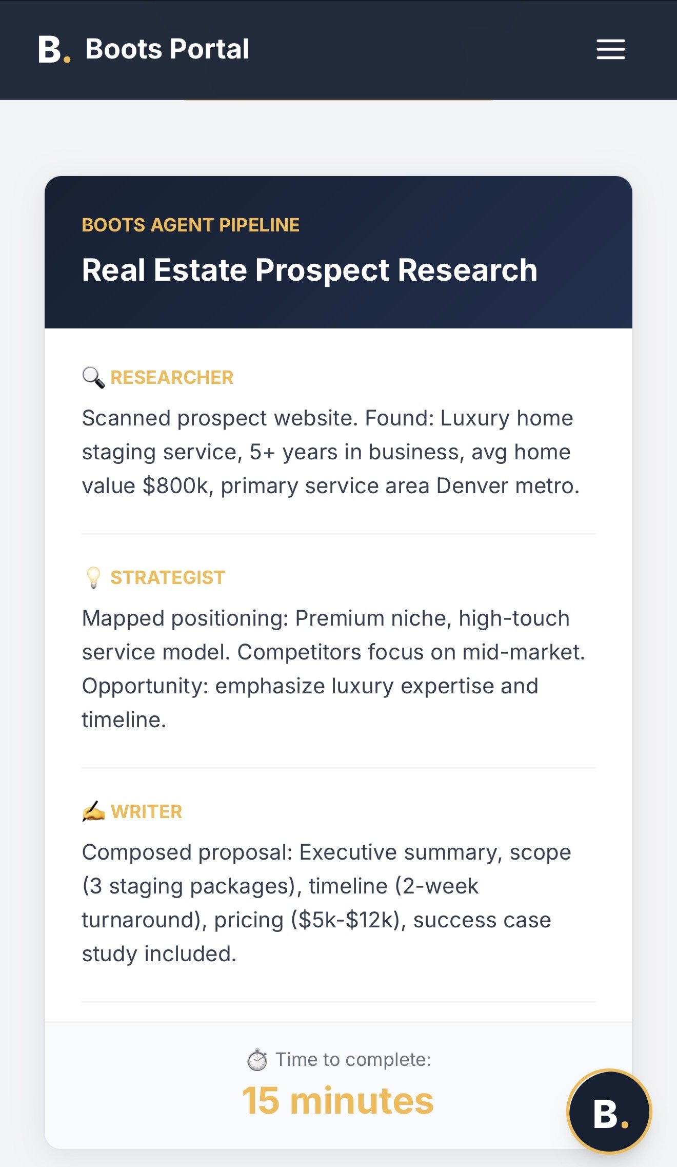 Screenshot of a website titled 'Boots Portal' with a section called 'Real Estate Prospect Research'. The section includes details about a prospect website, career information, and a proposal for a project, with a highlighted completion time of 15 min