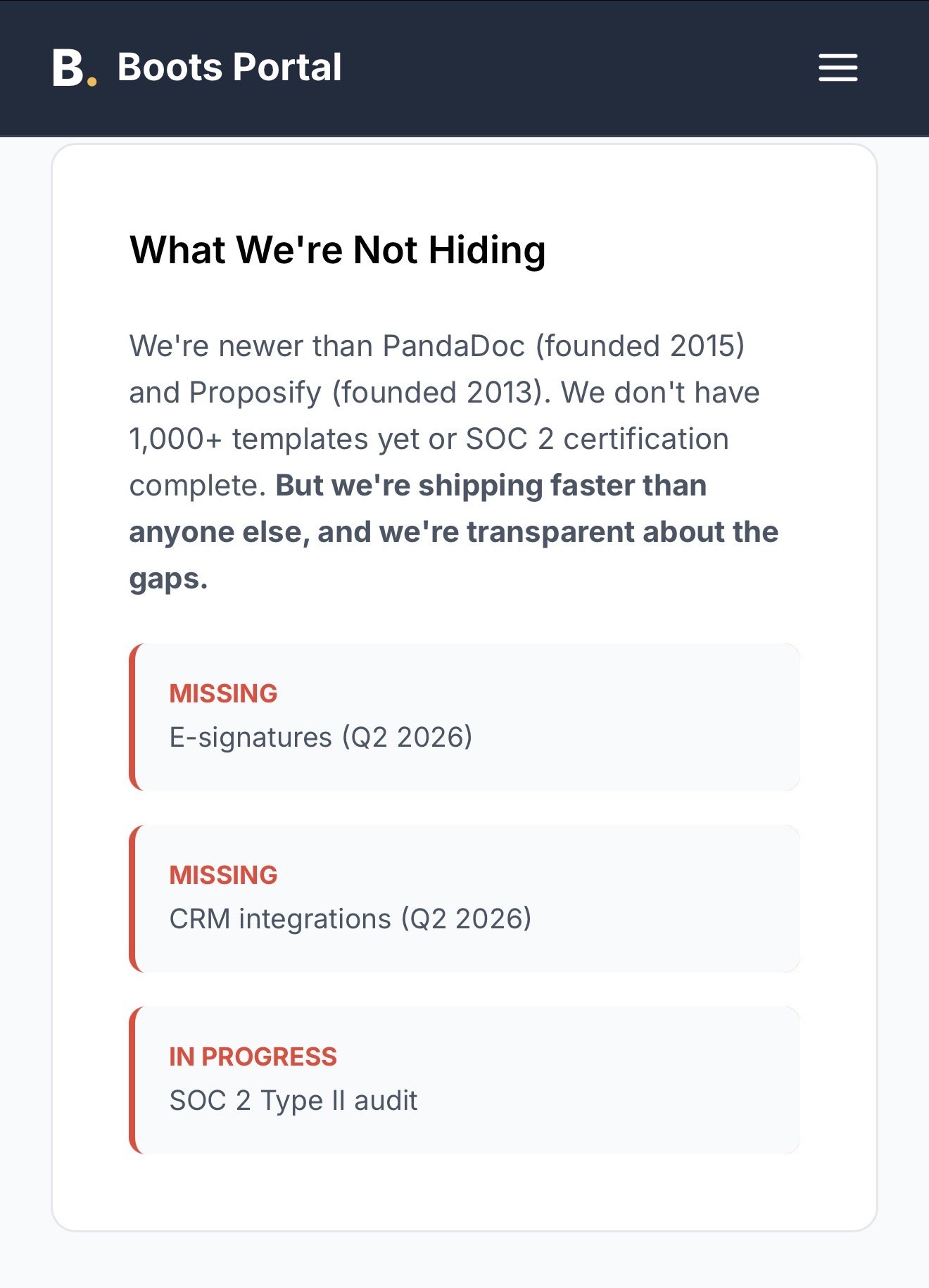 Screenshot of a webpage titled 'Boots Portal' with a section called 'What We're Not Hiding,' explaining the company's transparency about their status and plans for security certifications and features. The page shows some items marked as missing or i