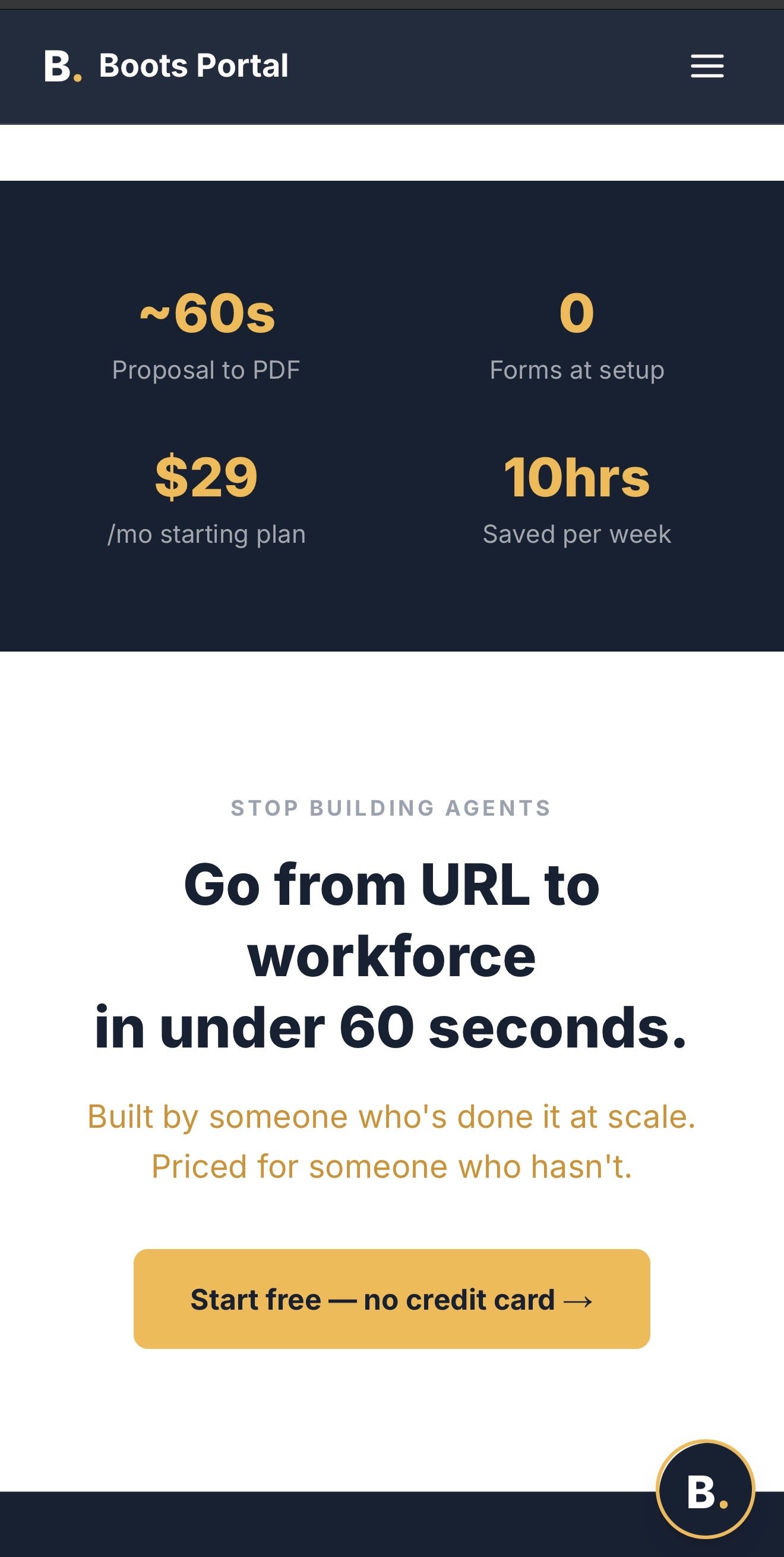 A mobile website screen displaying information about a service for quickly converting URLs to workforce in under 60 seconds. Includes a header with 'Boots Portal,' a blue background section with stats, and a headline and description about the service