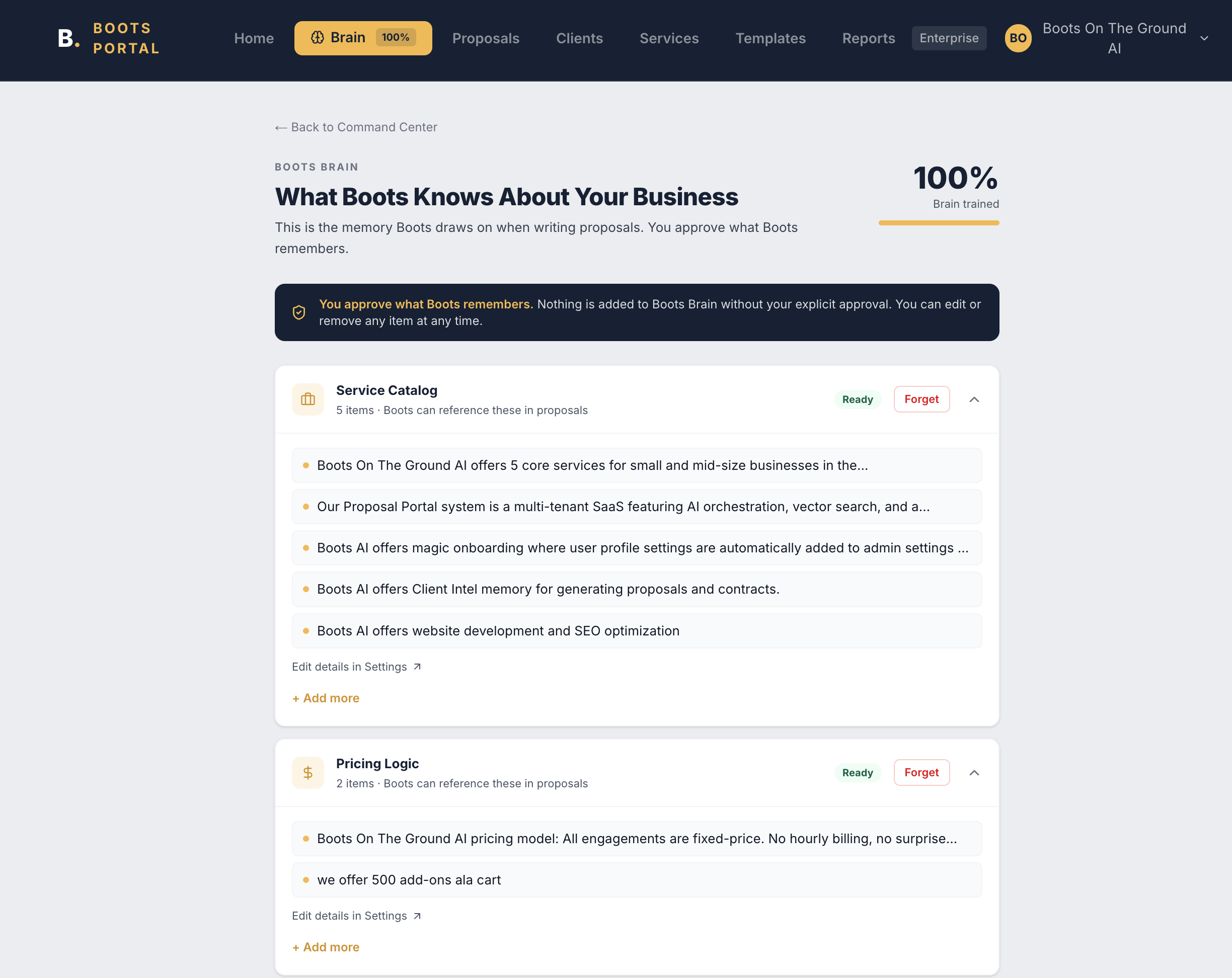 Screenshot of a webpage titled 'What Boots Knows About Your Business' on a platform called Boots On The Ground AI. The page includes sections about services, pricing, and proposal systems, with navigation links for Home, Proposals, Clients, Services,