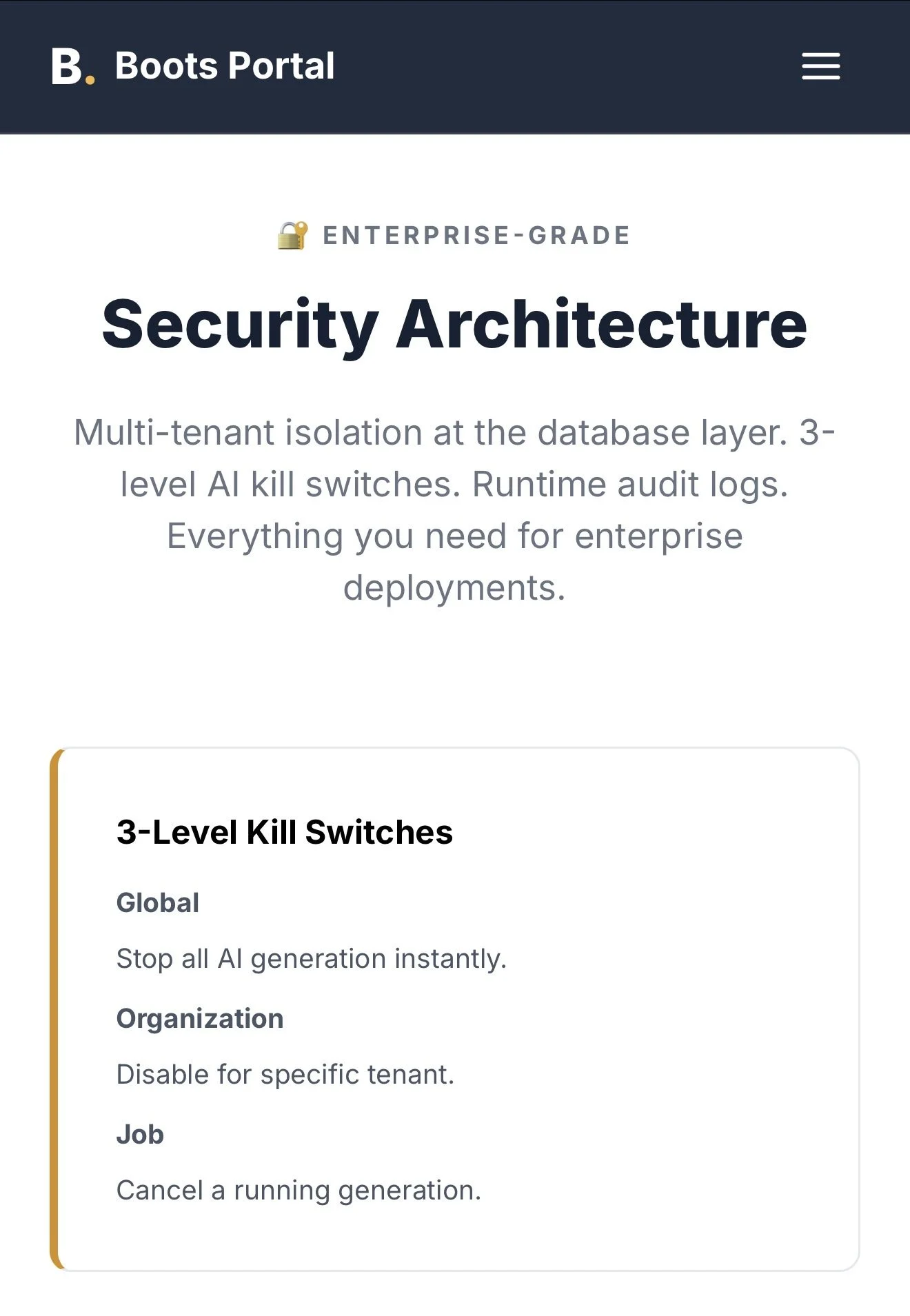 Screenshot of Boots Portal website showing a section on enterprise-grade security architecture, including 3-level kill switches for organizations and jobs.