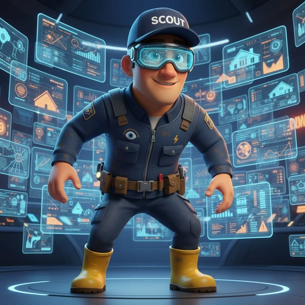 Animated character wearing a police uniform with a cap labeled "Scout", protective visor, and yellow boots, surrounded by holographic digital screens displaying data, graphs, and house icons.