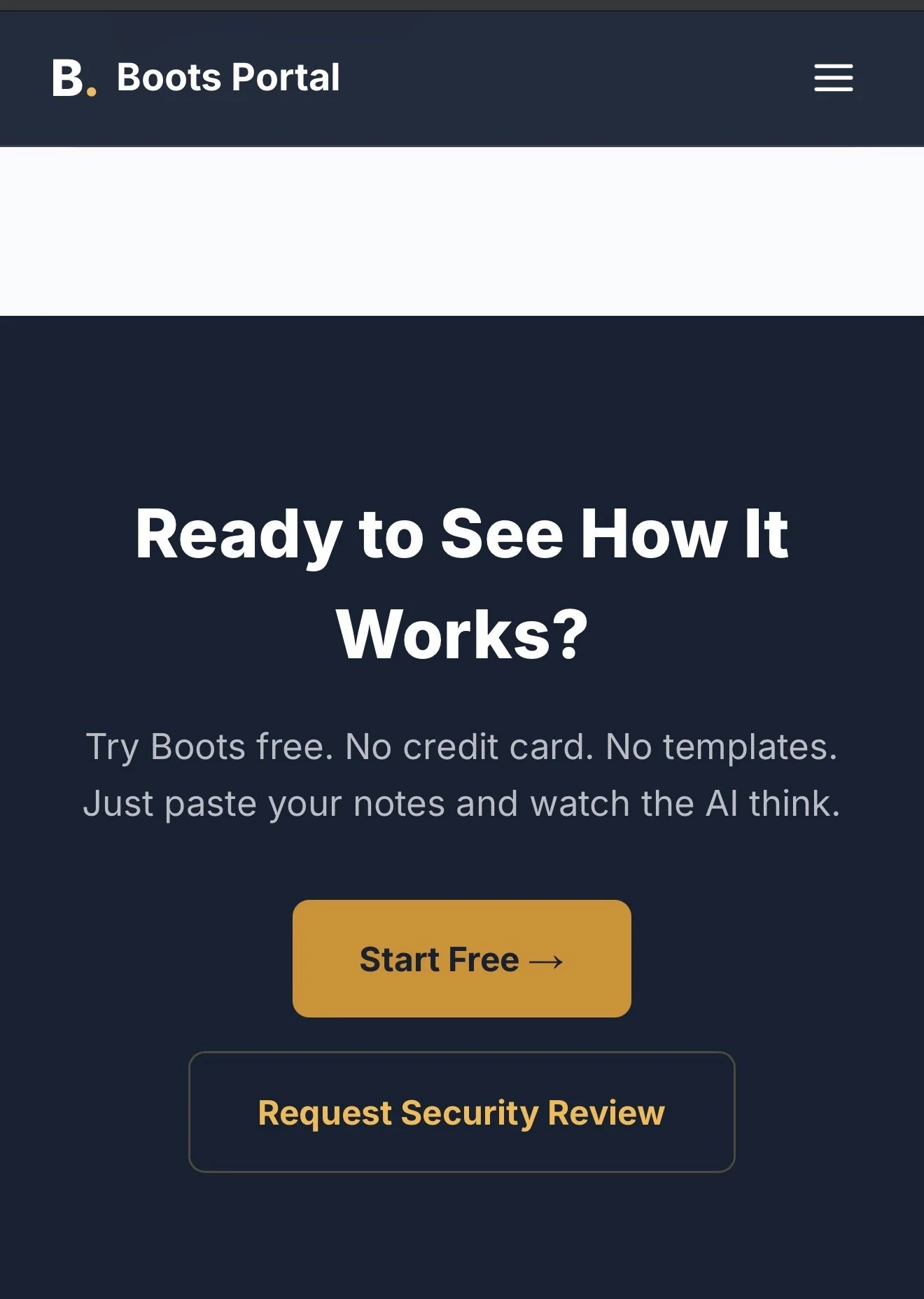 Screenshot of Boots Portal website homepage with a dark blue background, large text asking 'Ready to See How It Works?', a description about trying Boots for free, a yellow 'Start Free' button, and a 'Request Security Review' button.