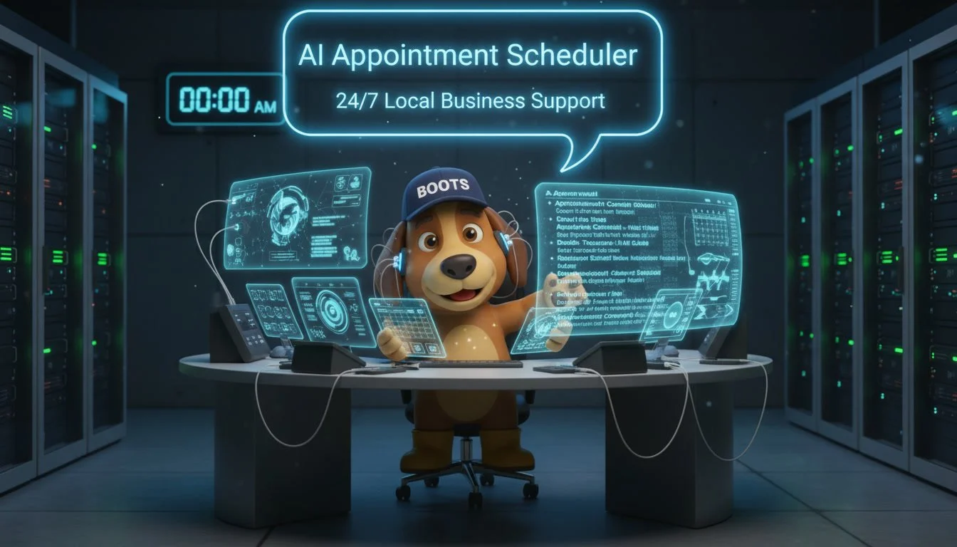 Animated dog wearing a 'BOOTS' cap working at a futuristic computer desk with holographic screens, in a server room, with a sign reading 'AI Appointment Scheduler, 24/7 Local Business Support.'
