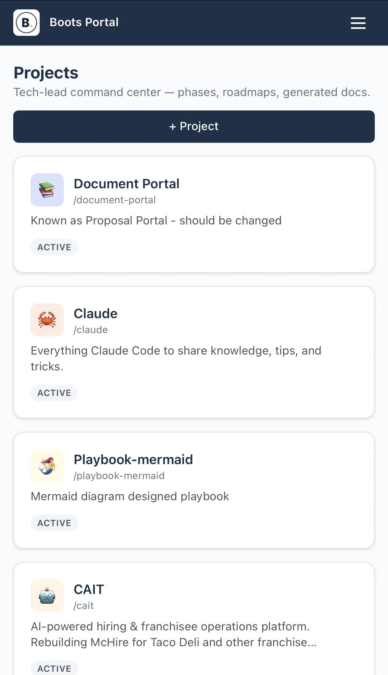 Screenshot of a web page titled 'Boots Portal' showing a list of projects, including Document Portal, Claude, Playbook-mermaid, and CAIT, with descriptions and status indicators.