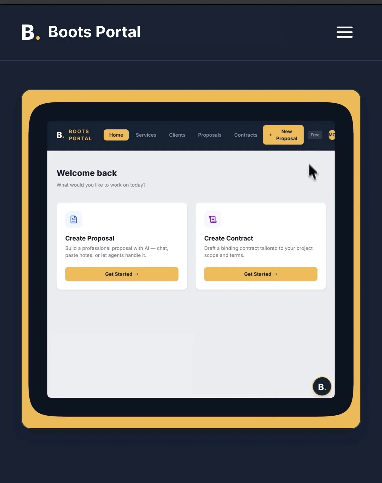 Screenshot of a website homepage for Boots Portal, showing navigation menu, a welcome message, and options to create a proposal or contract.