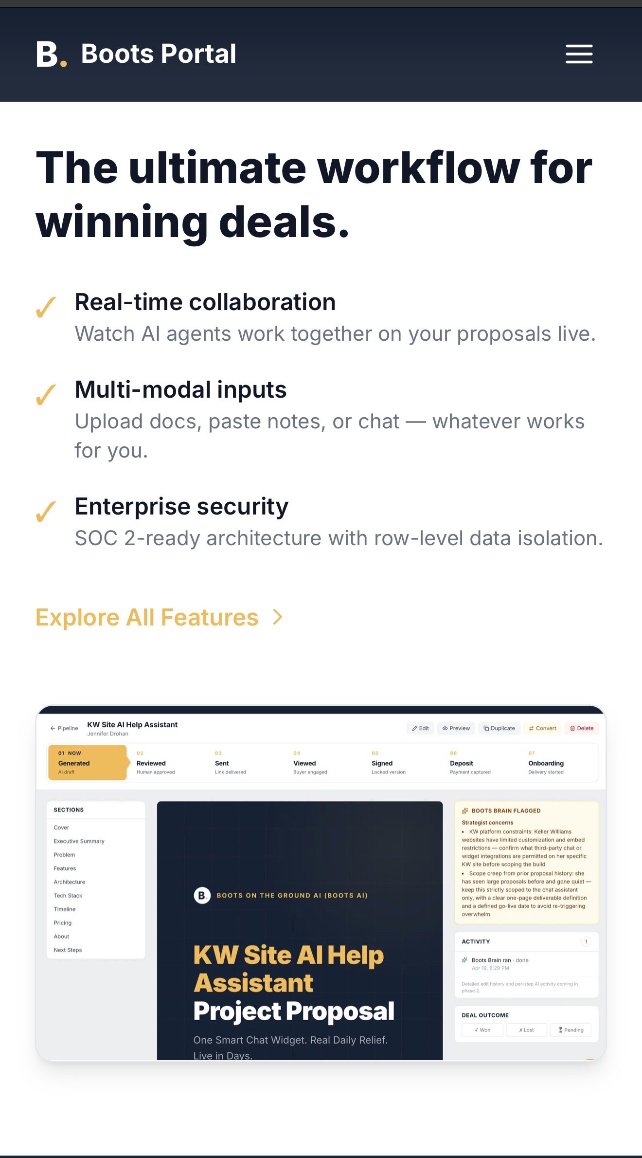 Screenshot of a webpage titled 'Boots Portal' with features for winning deals, including real-time collaboration, multi-modal inputs, and enterprise security, along with sections for project proposal details and a timeline.