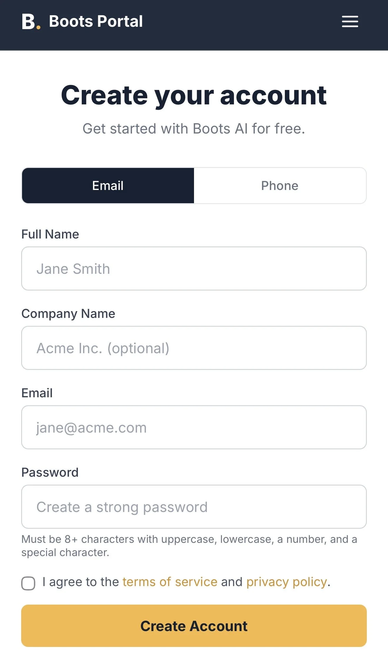 Screenshot of a website registration form titled 'Create your account' from Boots Portal, with fields for full name, company name, email, password, and a checkbox for terms of service, and a large orange 'Create Account' button.