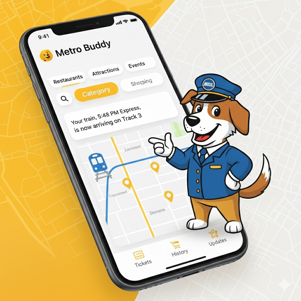 A smartphone displaying the Metro Buddy app with train tracking and directions, with a cartoon dog dressed as a train conductor next to it.