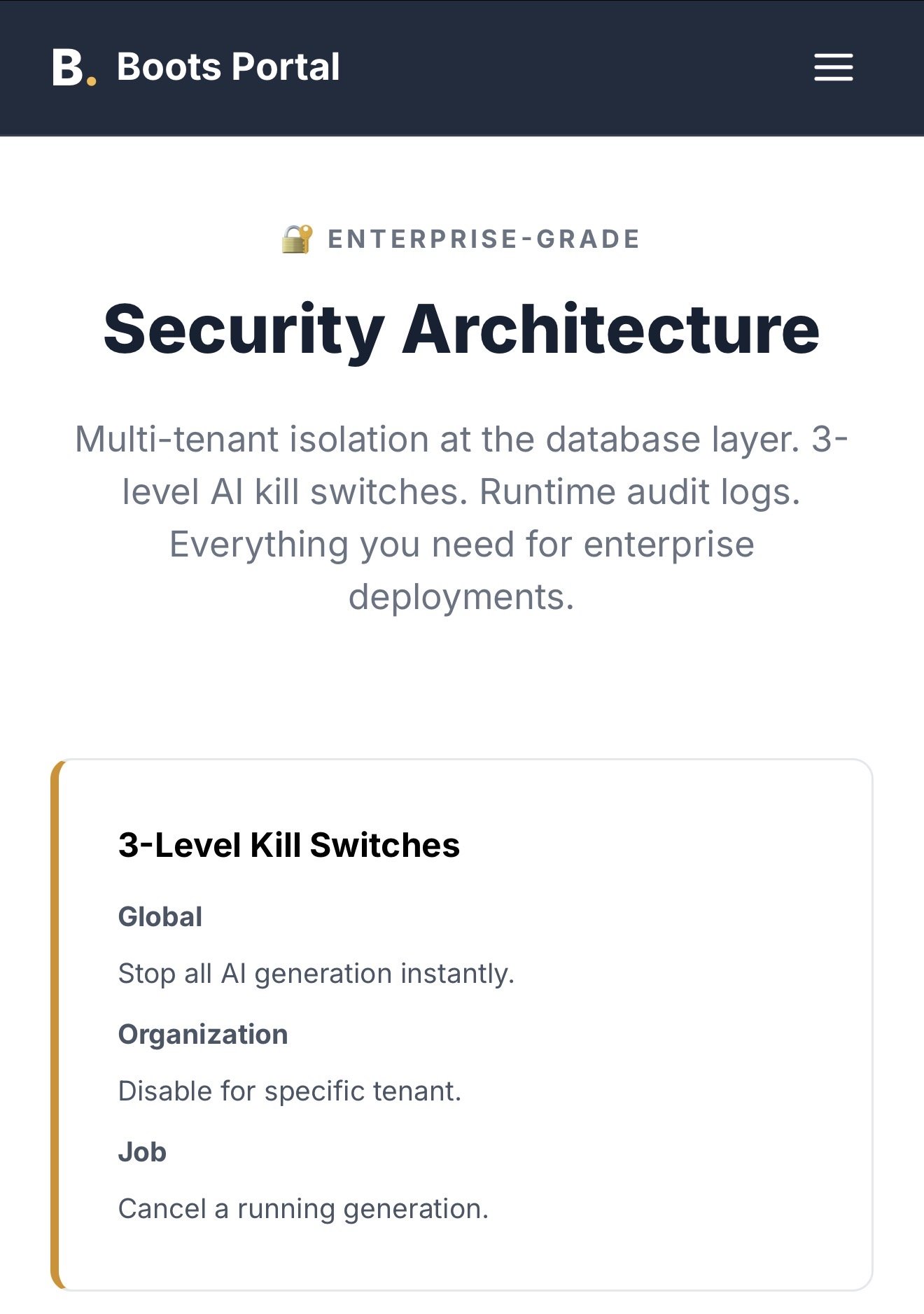 Screenshot of a webpage titled 'Boots Portal' featuring enterprise-grade security architecture details, including multi-tenant isolation, AI kill switches, and runtime audit logs.