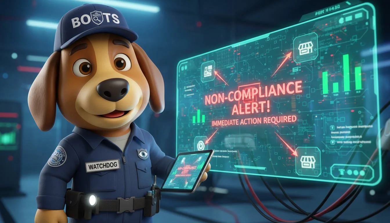 Animated dog character dressed as a police officer holding a tablet, with a high-tech monitor displaying a 'Non-Compliance Alert' message in a digital interface.
