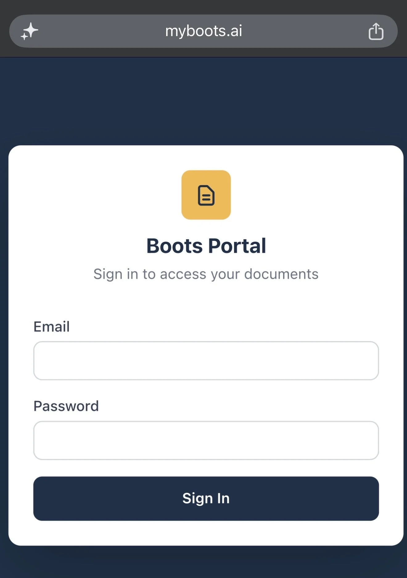 Screenshot of a web page titled 'Boots Portal' for signing in to access documents, featuring email and password input fields and a Sign In button.