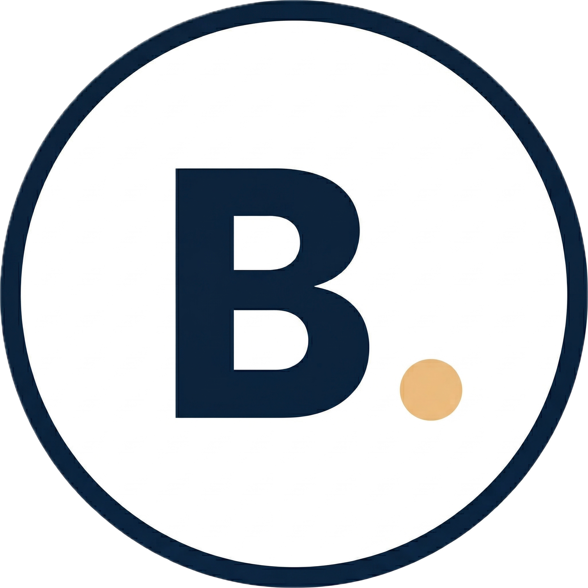 A white circular sign with a dark blue border, featuring a large letter 'B.' in dark blue and a small beige dot to the lower right of the letter.
