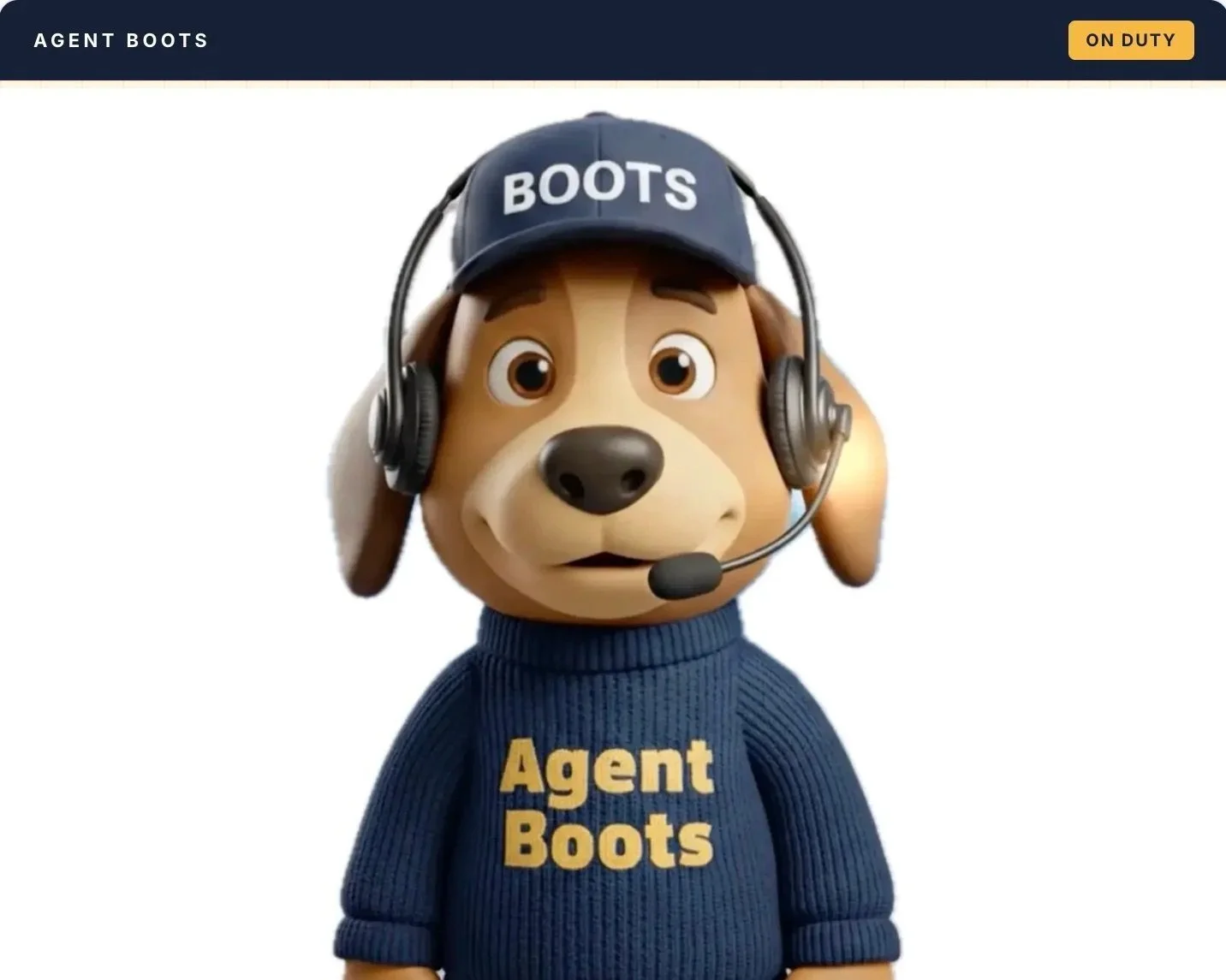 Animated dog character wearing a navy blue cap with 'BOOTS' written on it, a blue sweater with 'Agent Boots' printed on it, and a headset with a microphone.