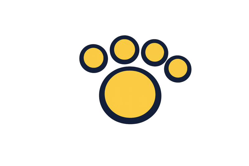 Stylized paw print logo with yellow paw pads and black outline.