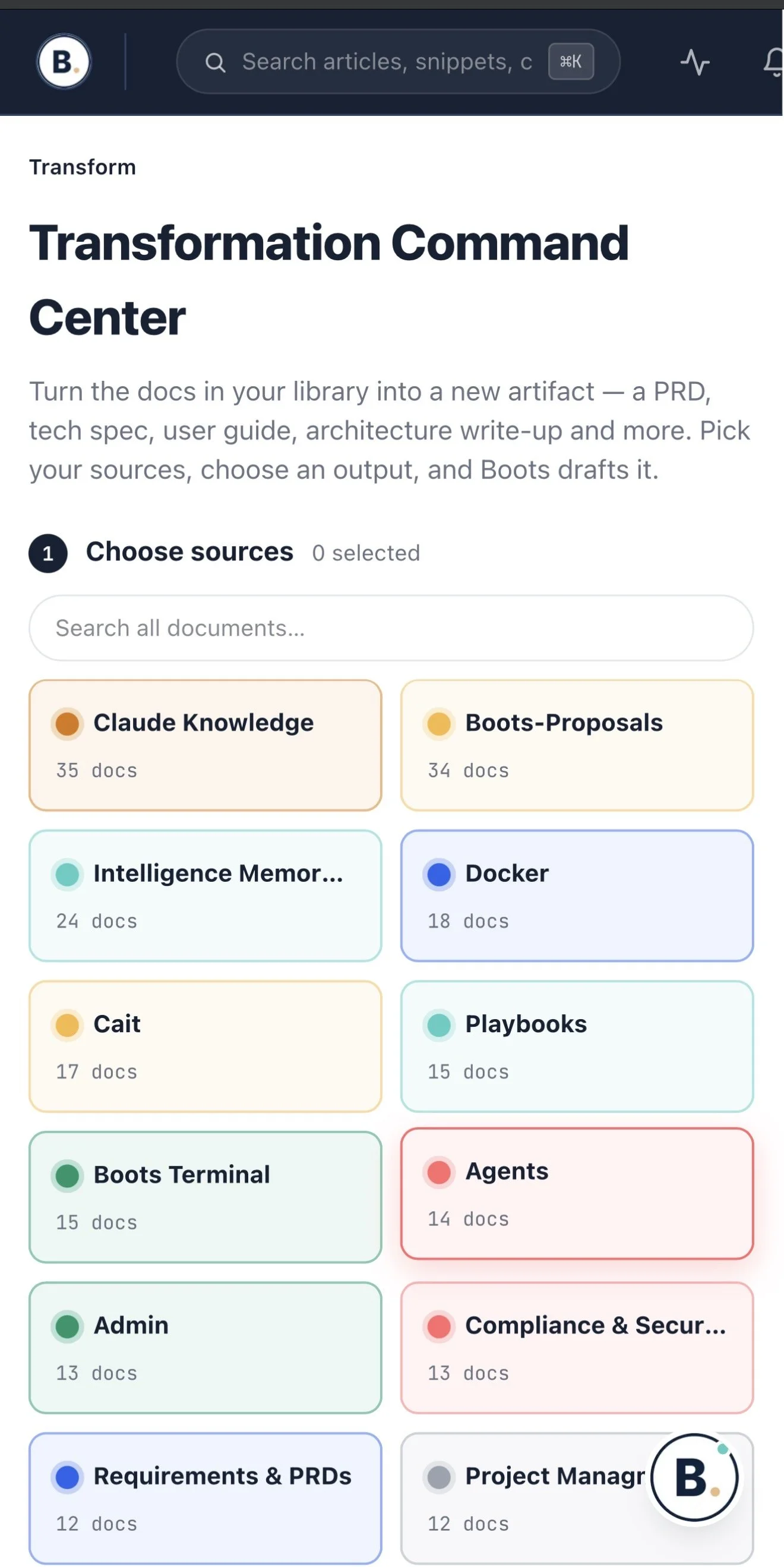 Screenshot of a document management interface titled 'Transformation Command Center' with various categorized folders such as 'Claude Knowledge,' 'Boots-Proposals,' and 'Agents.'