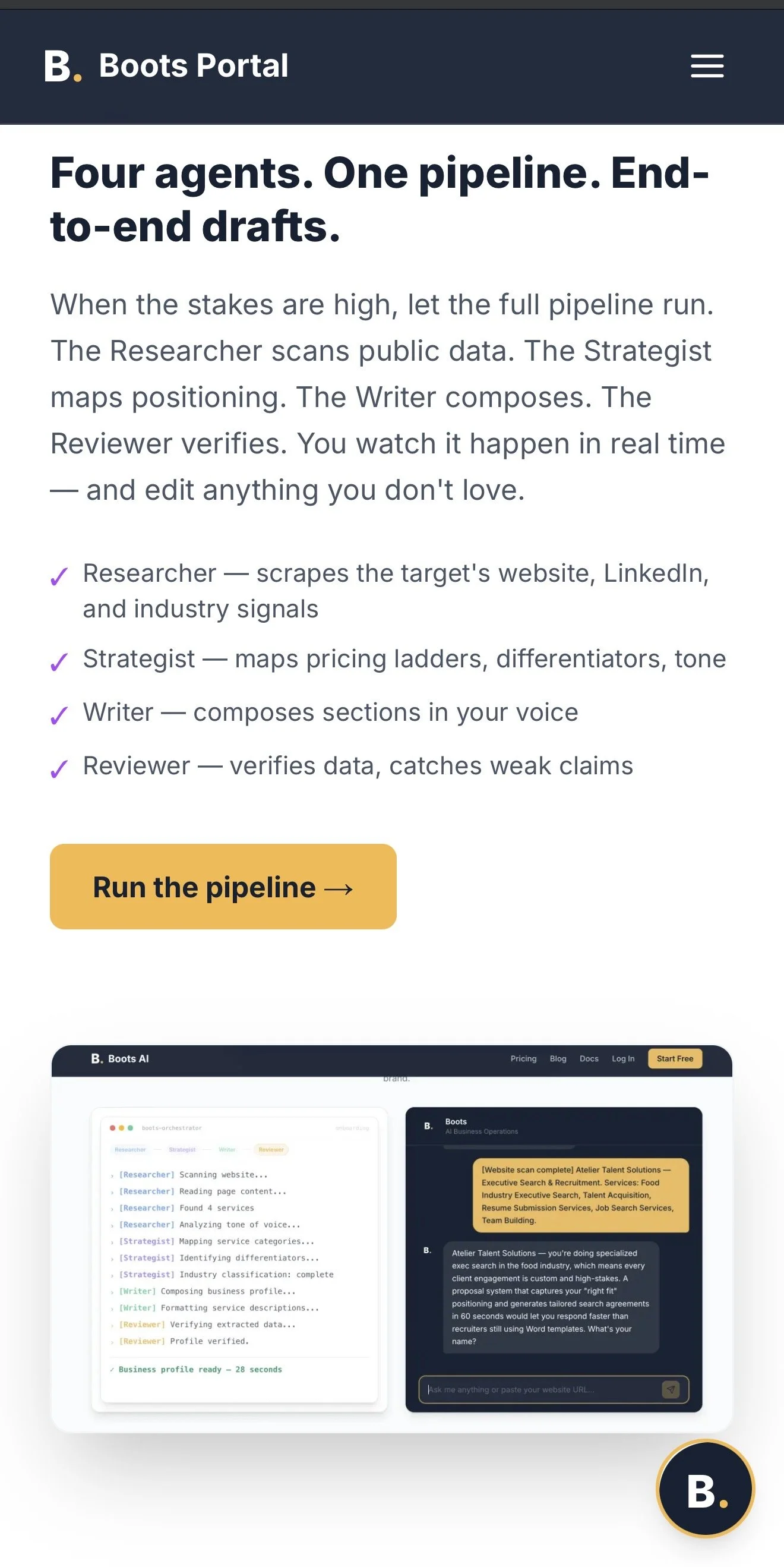 Screenshot of a mobile website for Boots Portal with a headline about an end-to-end data pipeline, describing four roles: researcher, strategist, writer, reviewer. Contains a yellow button labeled 'Run the pipeline' and navigation menu at the bottom.