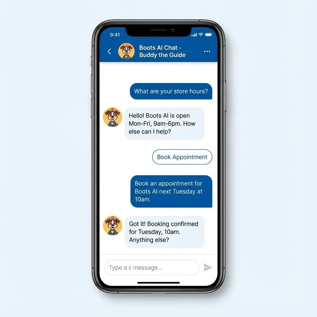 Smartphone screen displaying a chat conversation with Boots AI about store hours and an appointment booking.