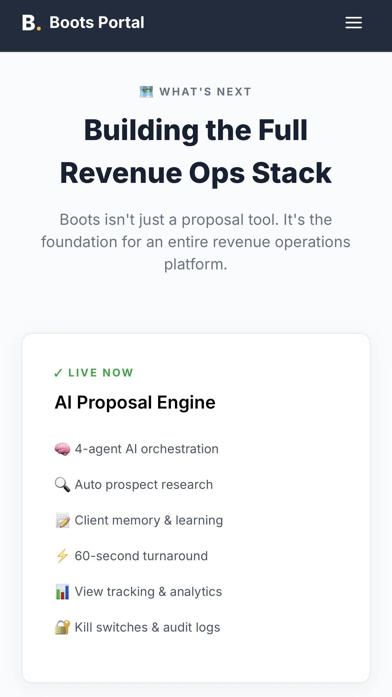 Screenshot of Boots Portal webpage featuring a section on building a revenue operations stack with details about an AI proposal engine, including features like AI orchestration, auto prospect research, client memory, lightning turnaround, tracking an