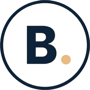 Logo with a large letter 'B' and a small beige dot inside a circle.