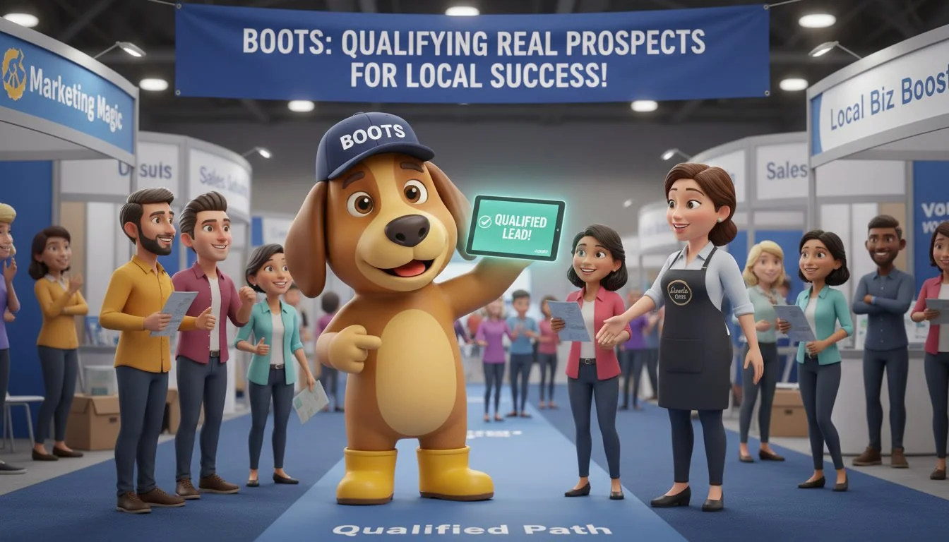 Animated characters at a trade show booth, including a dog mascot wearing a cap labeled 'BOOTS,' holding a tablet displaying 'Qualified Lead,' and a woman in a black apron greeting visitors, amid booths with banners such as 'Marketing Magic' and 'Local Biz Boost,' under a large banner that reads 'Boots: Qualifying Real Prospects for Local Success!'