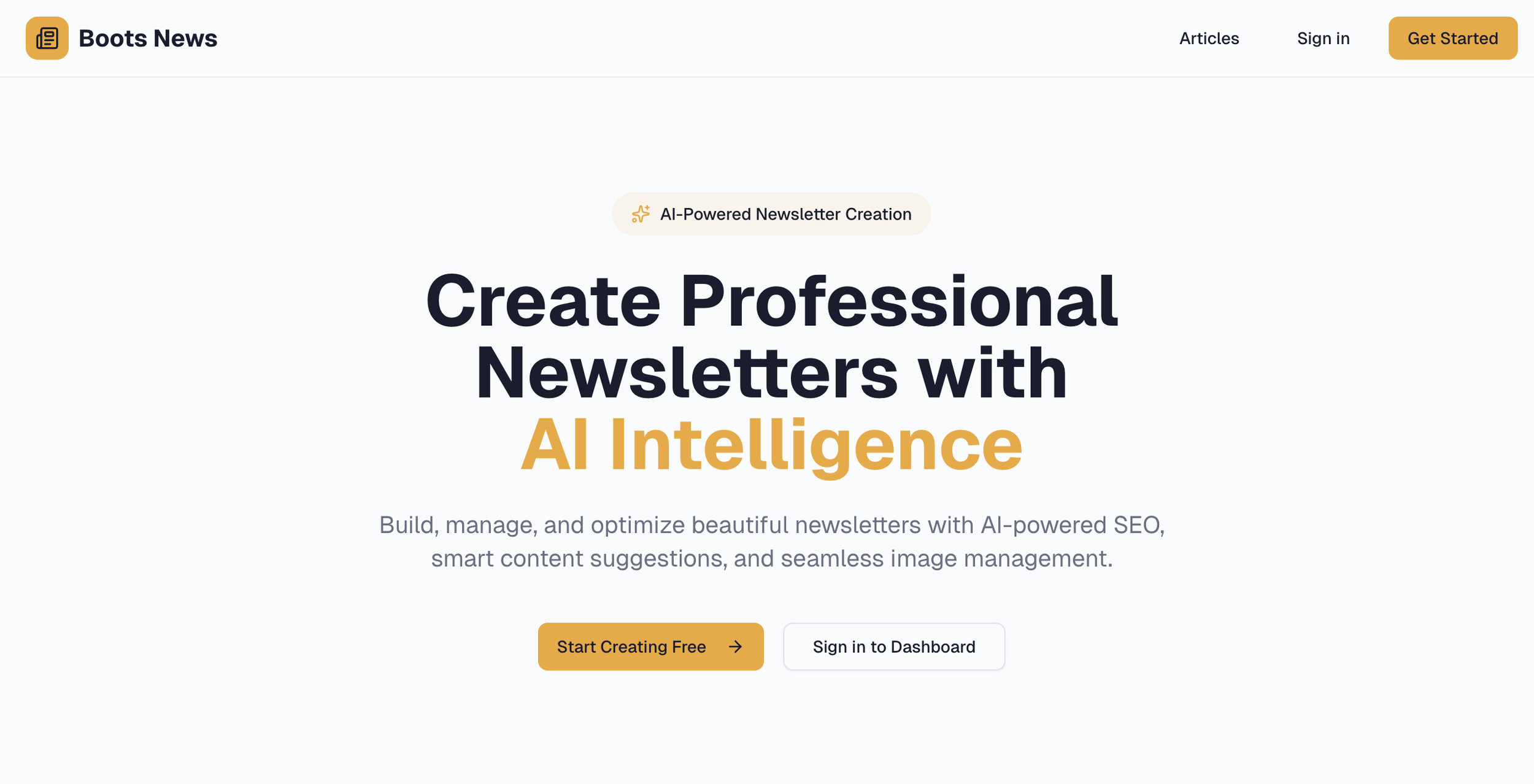 Screenshot of Boots News website homepage highlighting features for creating professional newsletters with AI-powered tools, including options to start creating for free or sign in.